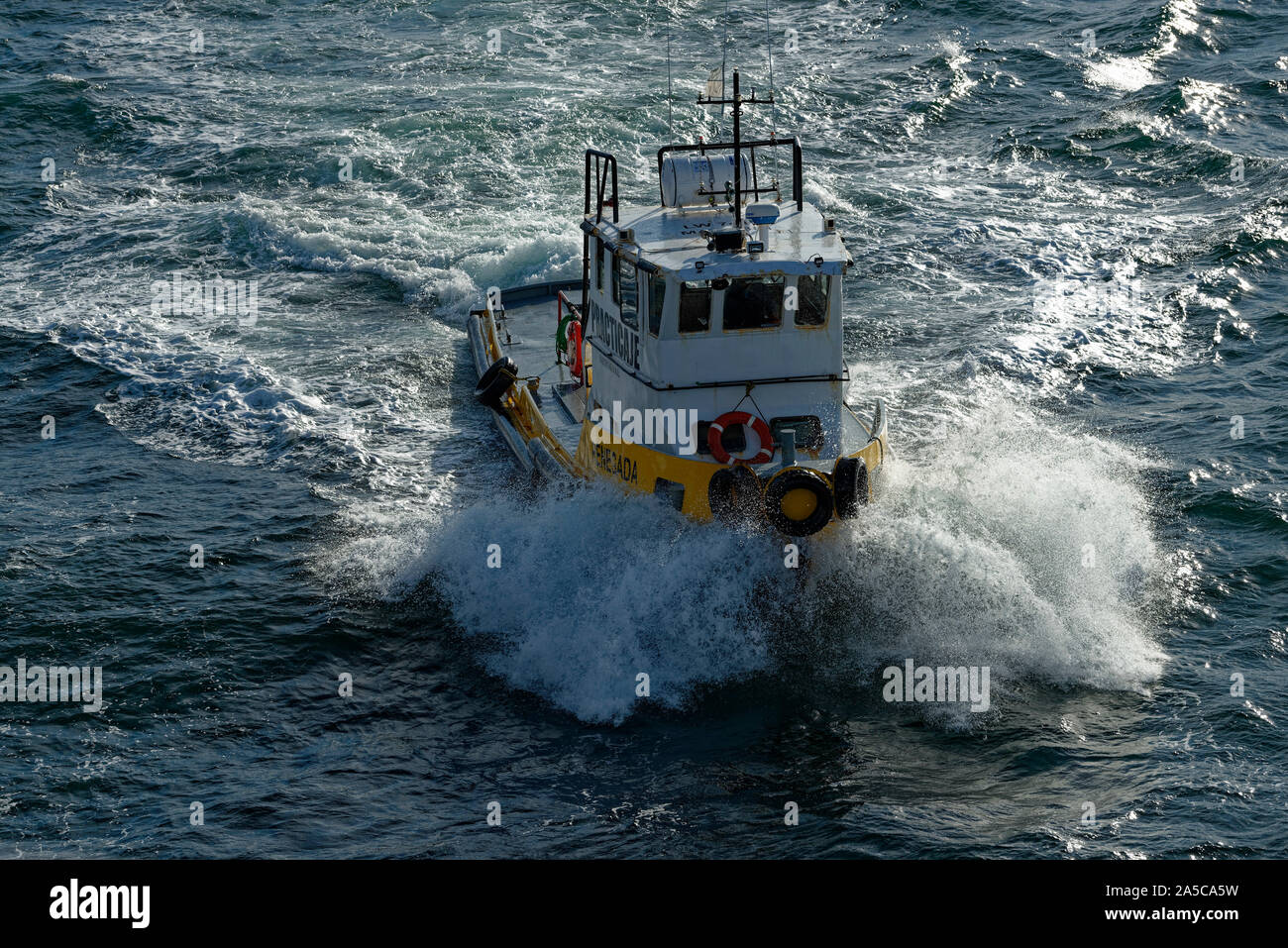 Pilot Boot in der Bucht von Puerto Madryn, Chubut, Patagonien, Argentinien Stockfoto