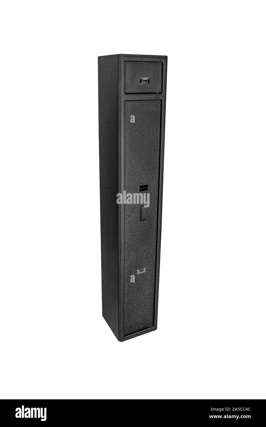 Home Tresor für die Aufbewahrung von Dokumenten, Gewehren und Wertsachen. Metall Waffe sicher isoliert auf einem weißen Hintergrund. Stockfoto