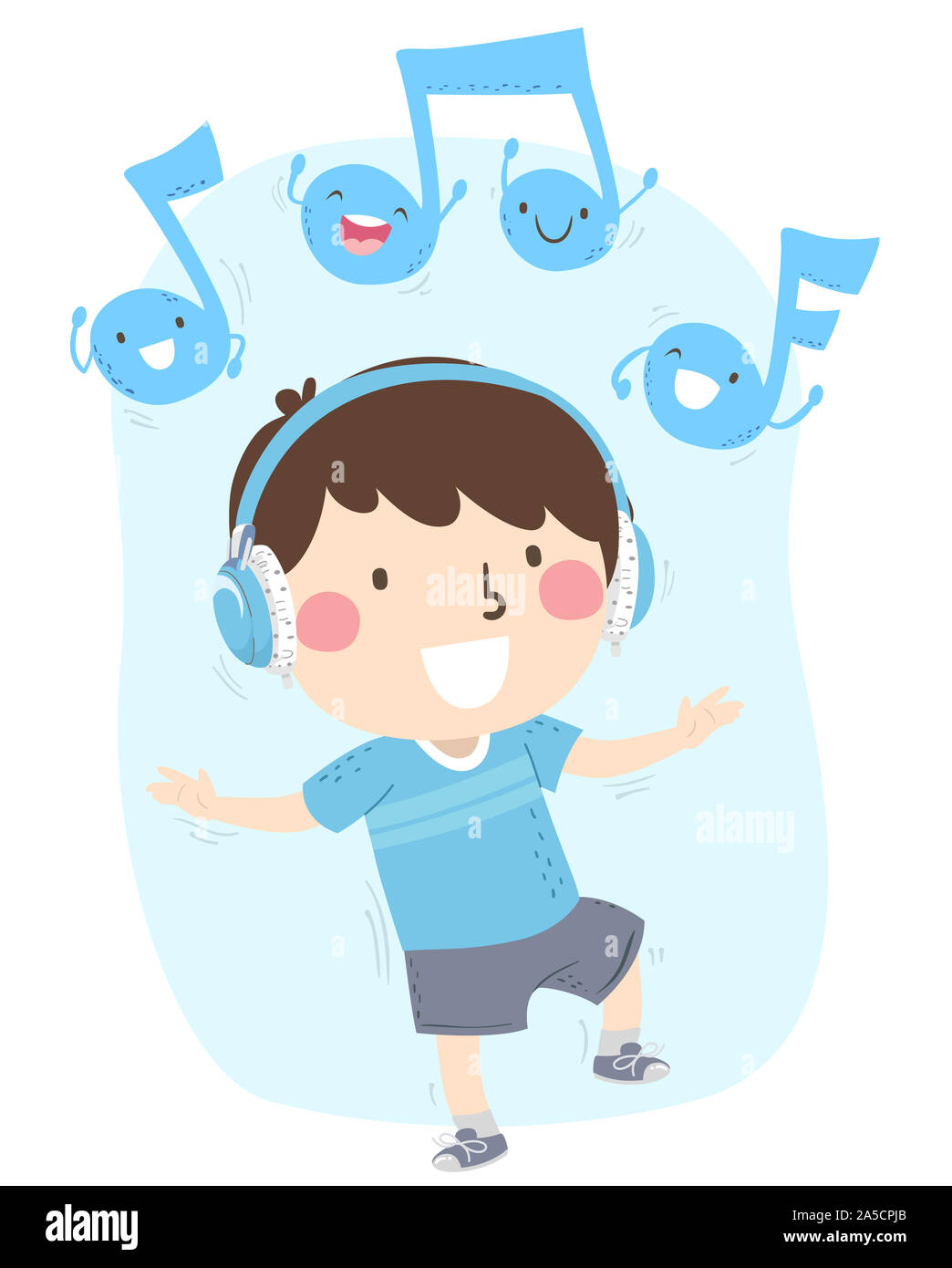Abbildung: ein Kind Junge mit Kopfhörer Hören, Tanzen mit Musik Noten Maskottchen Stockfoto