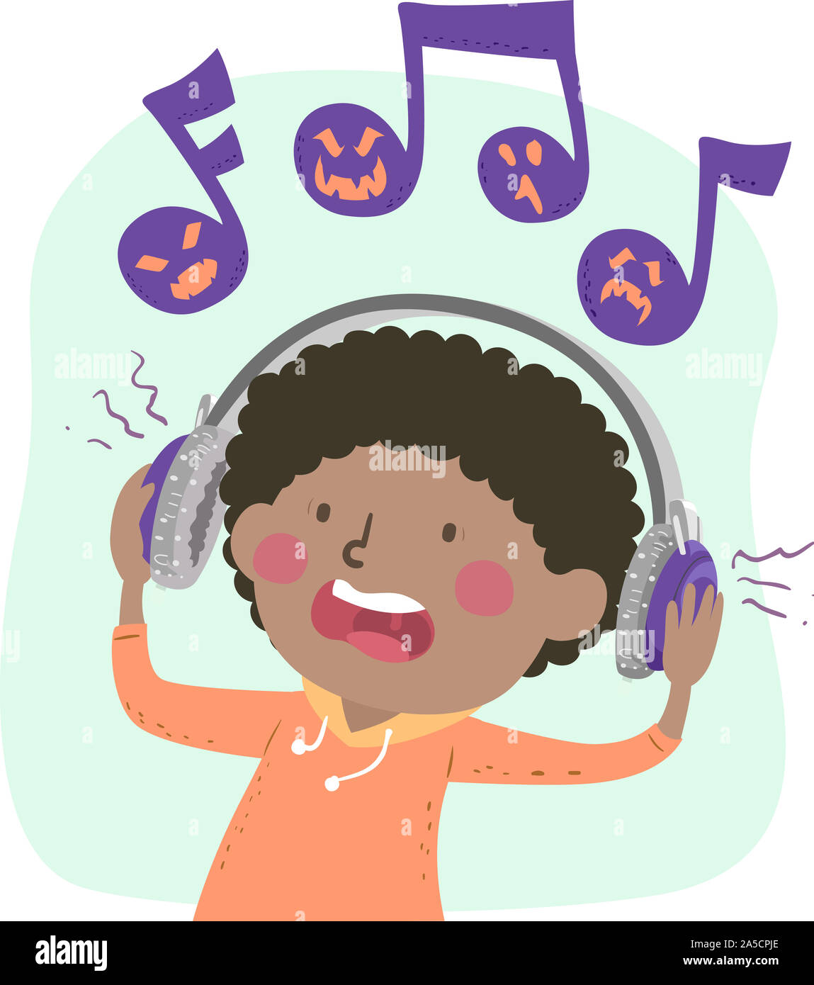 Abbildung: ein Kind Junge mit Kopfhörer Weil sie Angst haben, während Sie furchtsam Noten Maskottchen Stockfoto