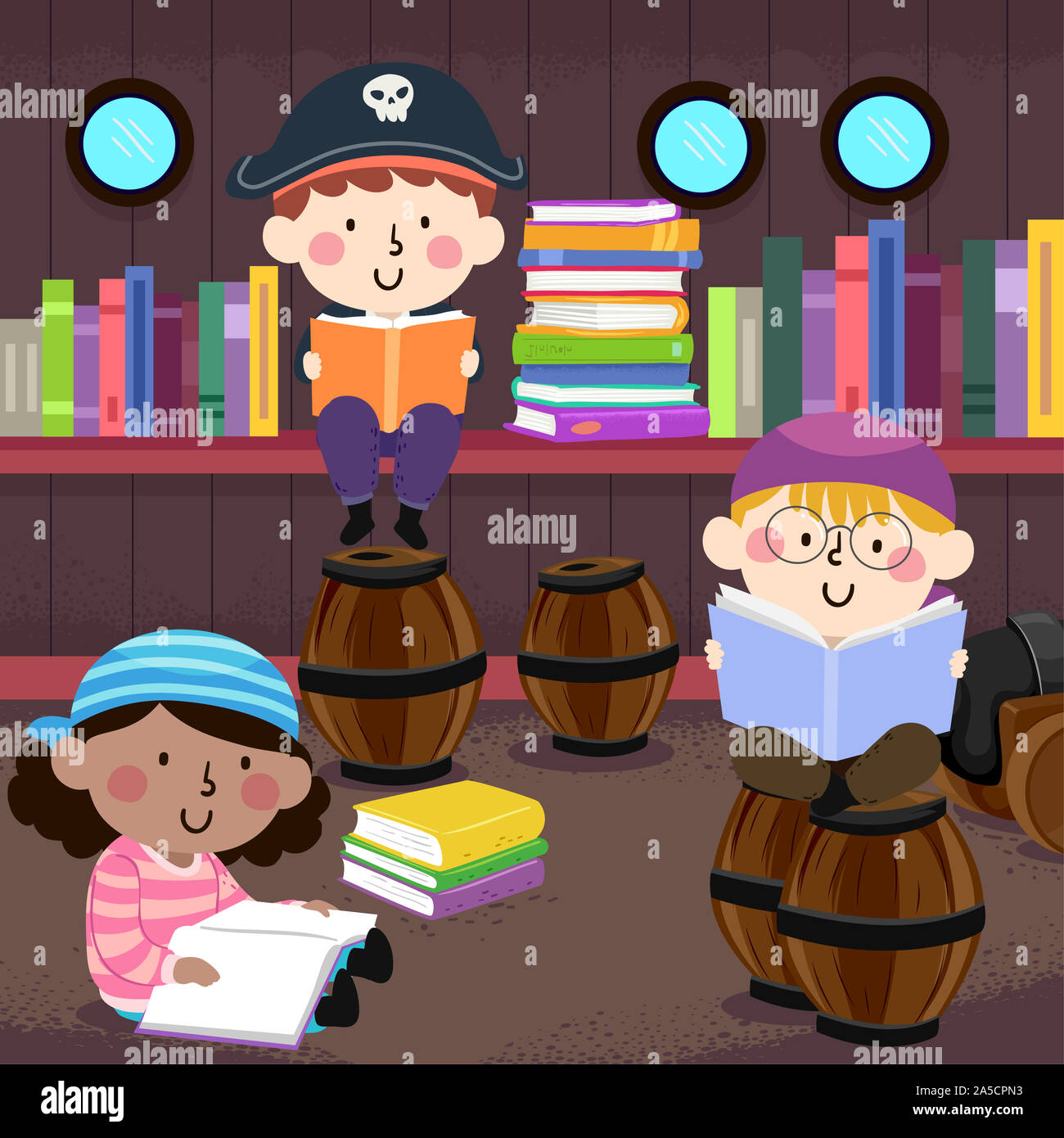 Abbildung: Kids Pirat lesen Bücher in einem Piraten themed die Bibliothek mit Fässern und Schiff Windows Stockfoto