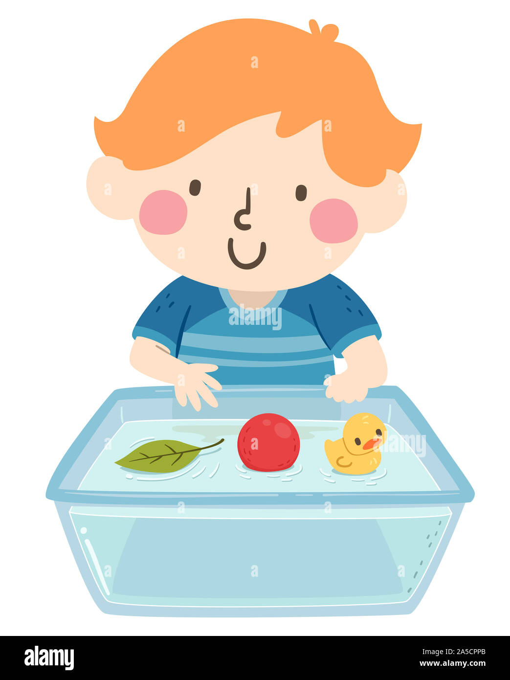 Abbildung: ein Kind Junge Experimentieren mit verschiedenen schwimmenden Objekten im Wasser vom Blatt, Kugel, Rubber Duck Stockfoto