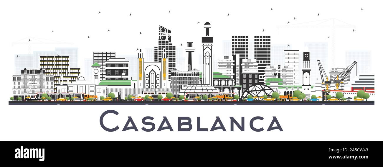 Casablanca Marokko Skyline der Stadt mit Farbe Gebäude isoliert auf Weiss. Vector Illustration. Business Travel und Konzept mit historischer Architektur. Stock Vektor