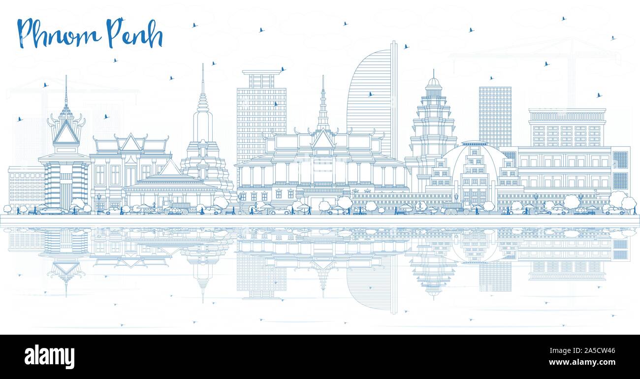 Umrisse Phnom Penh Kambodscha Skyline der Stadt mit blauen Gebäude und Reflexionen. Vector Illustration. Business Travel und Tourismus Konzept. Stock Vektor