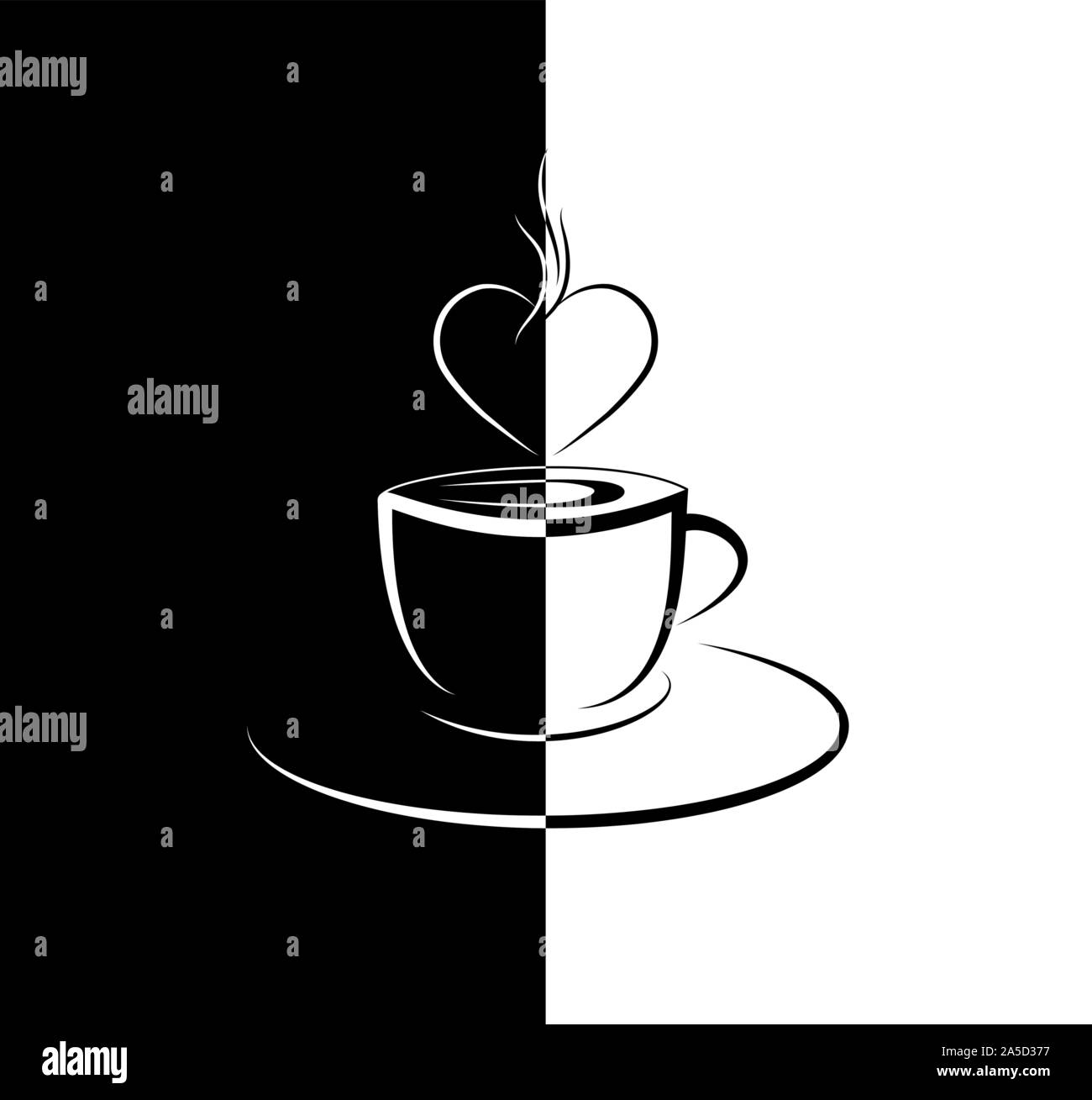 Kaffeetasse mit Dampf in Form eines Herzens, schwarz-weißen Muster Stock Vektor