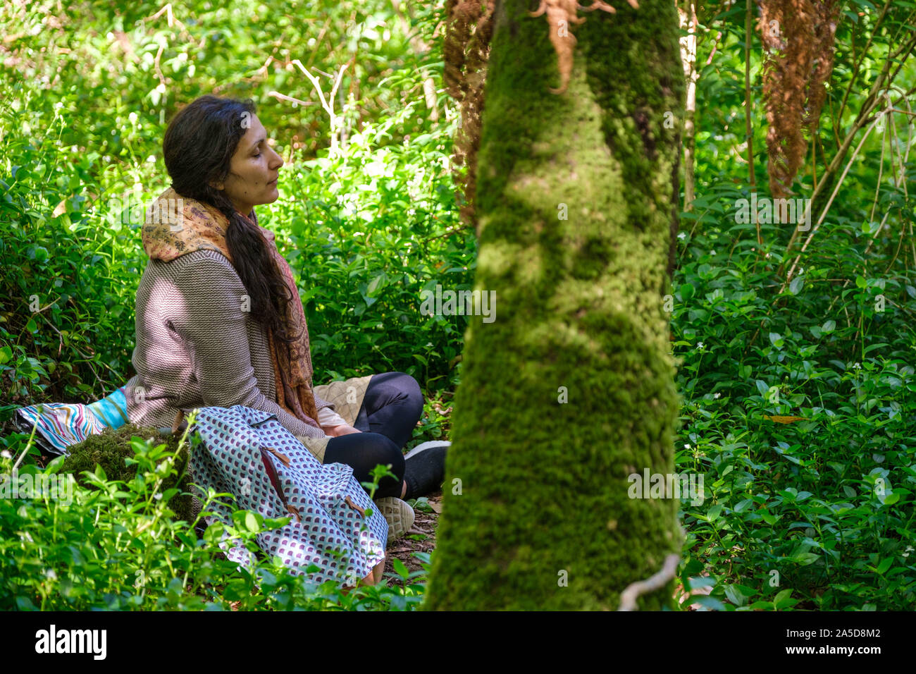 Frau sitzt im Wald mit den Augen bei einem Wald baden Sitzung geschlossen Stockfoto
