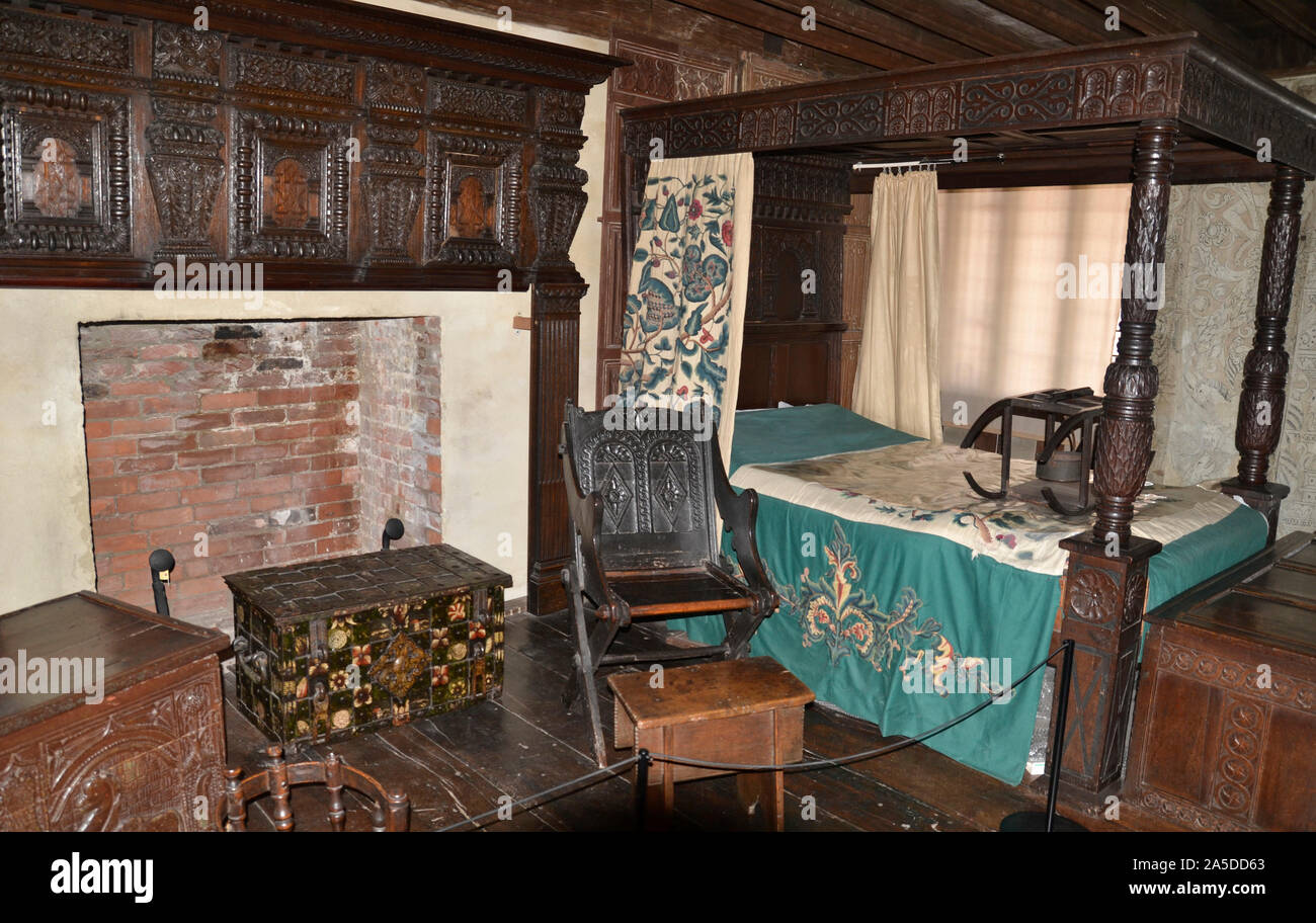 Im Obergeschoss in der Tudor Merchants House, Christchurch Mansion, Ipswich, Suffolk, Großbritannien. Es ist jetzt ein Museum für die Öffentlichkeit zugänglich. Stockfoto