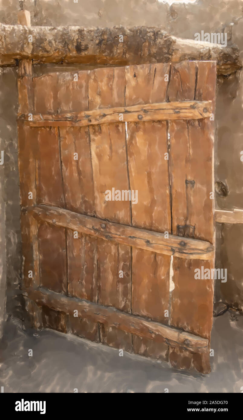 Aquarell Abbildung: Rustikale Tor aus unbehandeltem Holz mit charakteristischen Getreide - Stockfoto