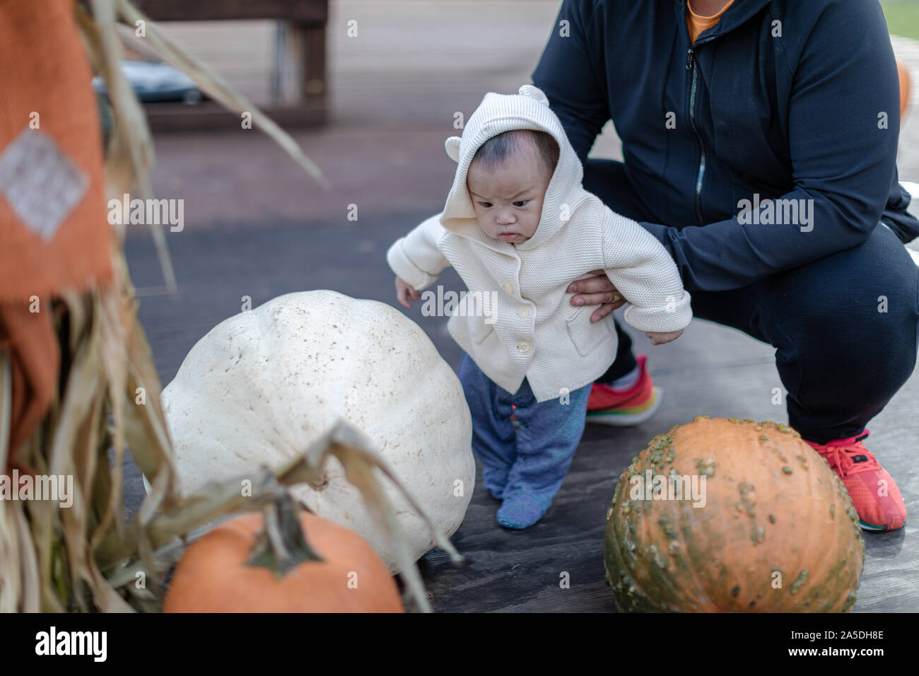Porträt eines Jungen draußen in einer für Halloween Pumpkin Patch. Stockfoto