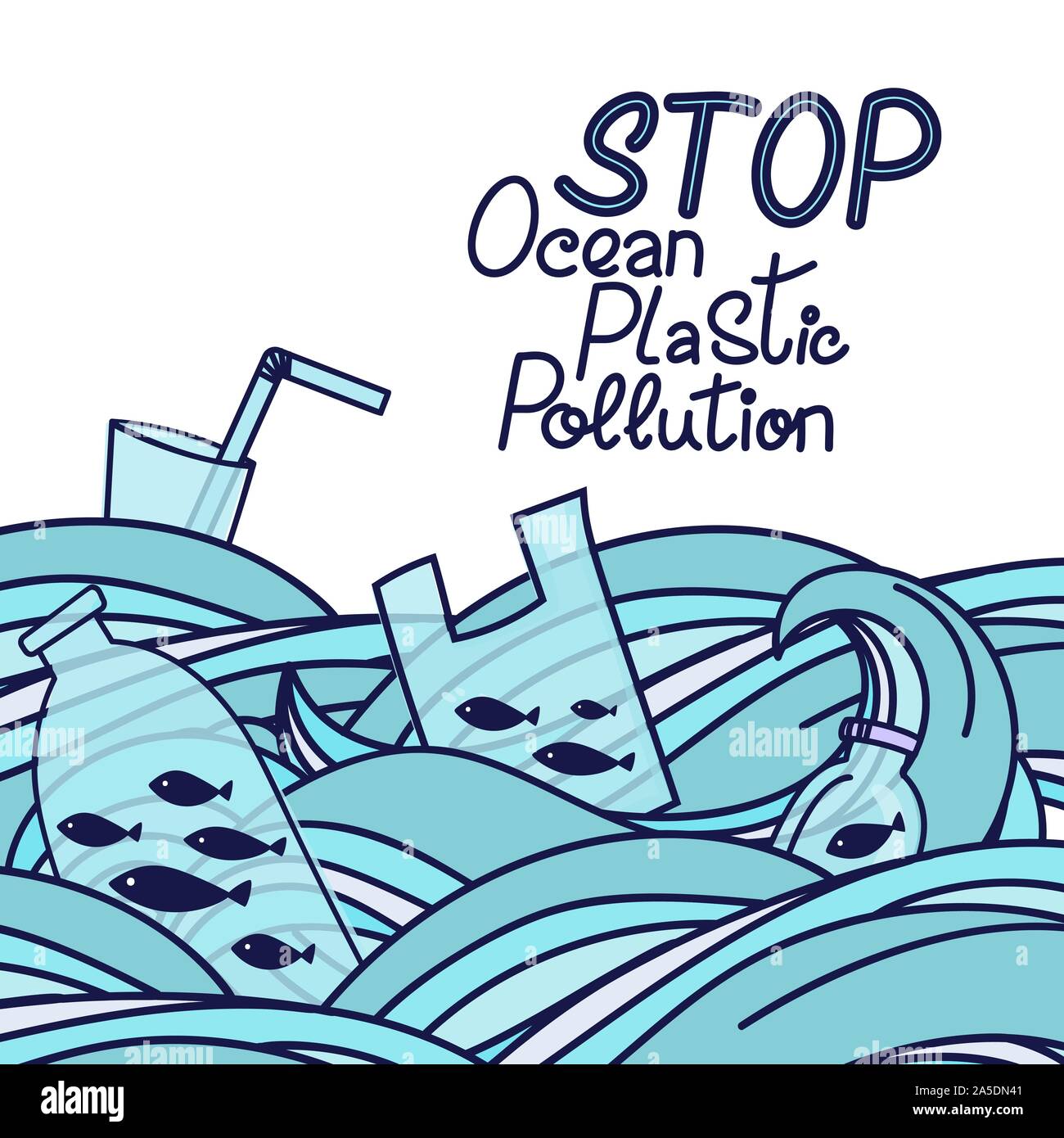 Speichern Sie die ocean Hand gezeichnet Schriftzug. Plastik Müll, Beutel, Flasche, Kunststoff cutleryin conteners, strohhalme und den Ozean. Vector Illustration in doodle Stil. Ozean Konzept Schützen Stock Vektor