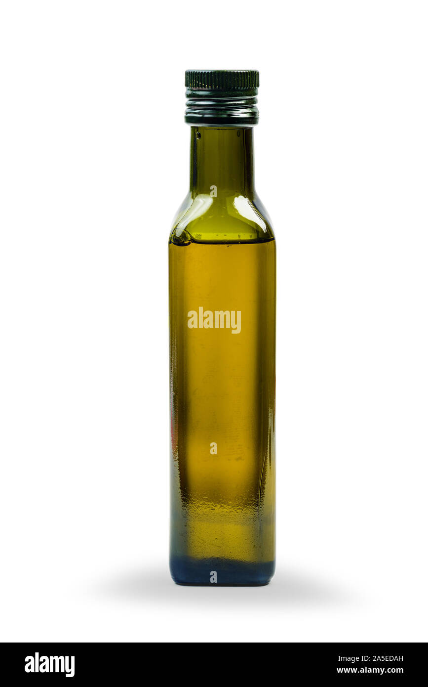 Glas Flasche Olivenöl auf weißem Hintergrund mit Freistellungspfad isoliert. Vorlage (Mock Up) für Produkt Design. Stockfoto