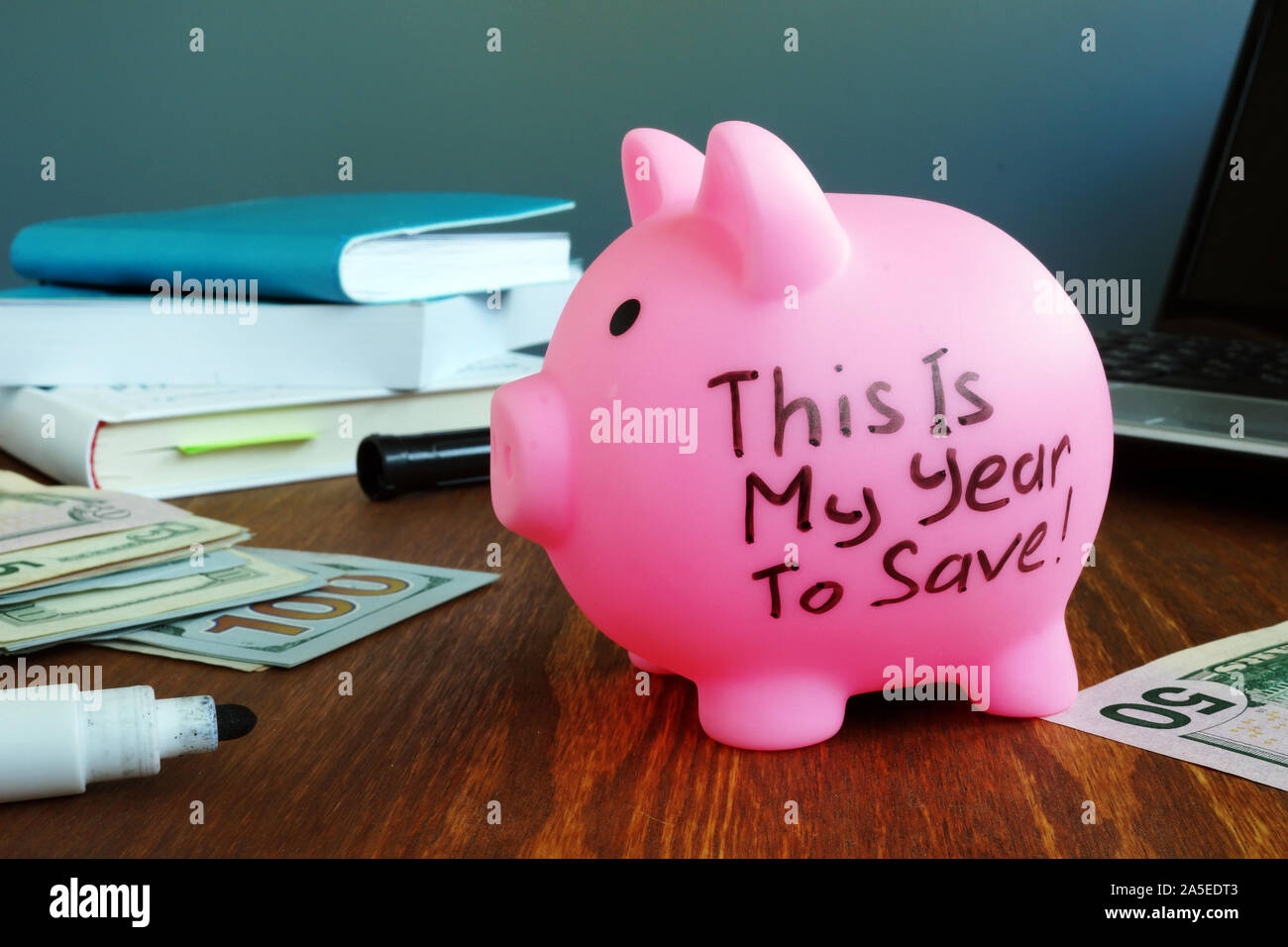 Das ist mein Jahr Zeichen zu speichern. Geld sparen Herausforderung Konzept. Stockfoto