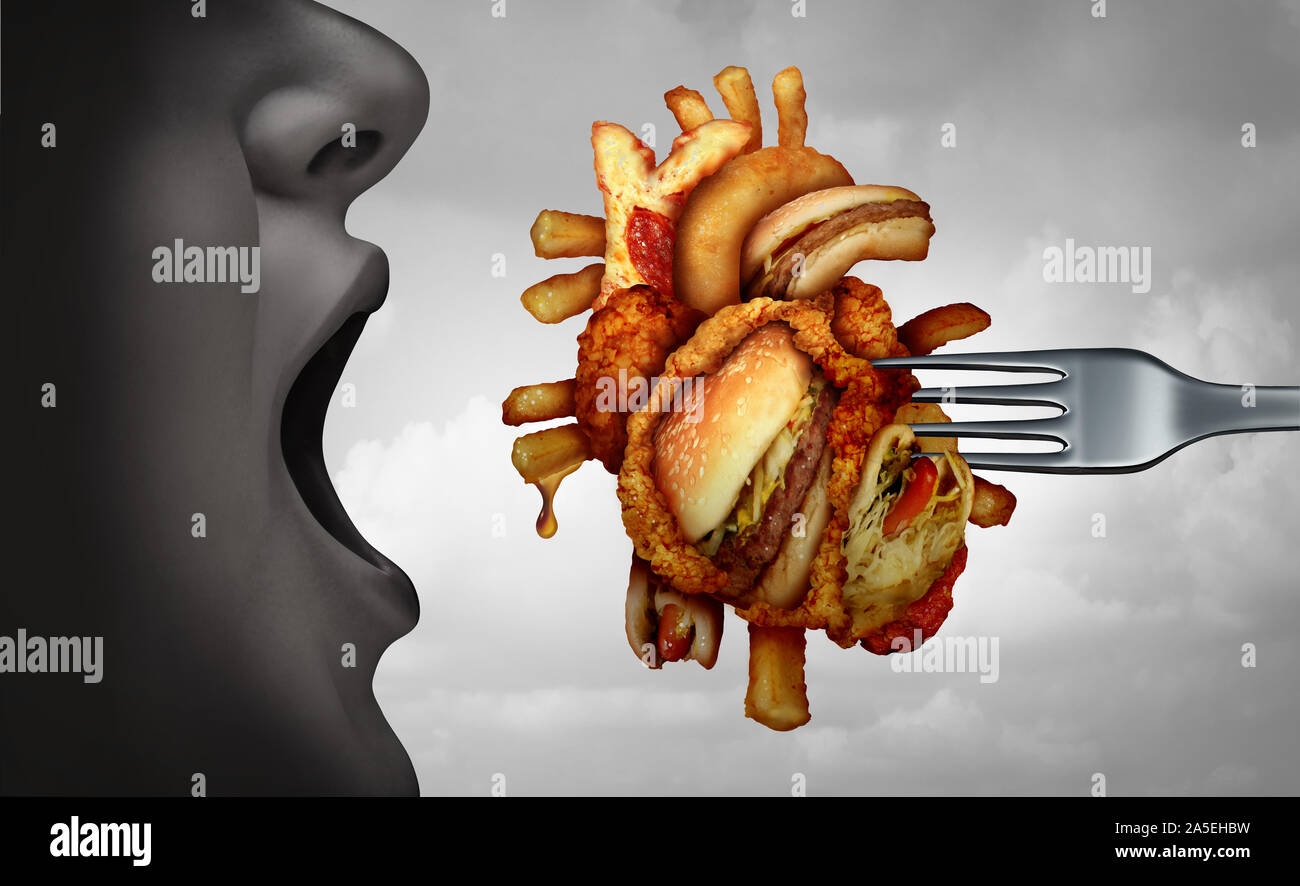 Diät und Herzinfarkt gefährliche koronare Fitness und ungesundes Essen Konzept mit menschlichen kardiovaskulären Anatomie Orgel von Fried fast food gemacht. Stockfoto