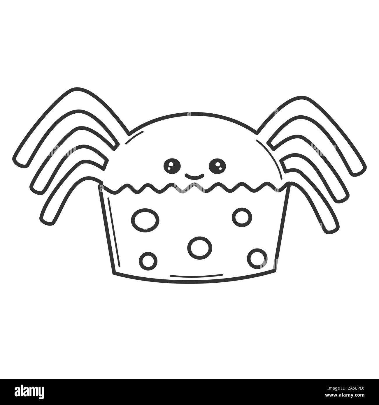 Cute cartoon Vector schwarz und weiß Spider cupcake Lustige Halloween illustration Für die Einfärbung von Kunst Stock Vektor
