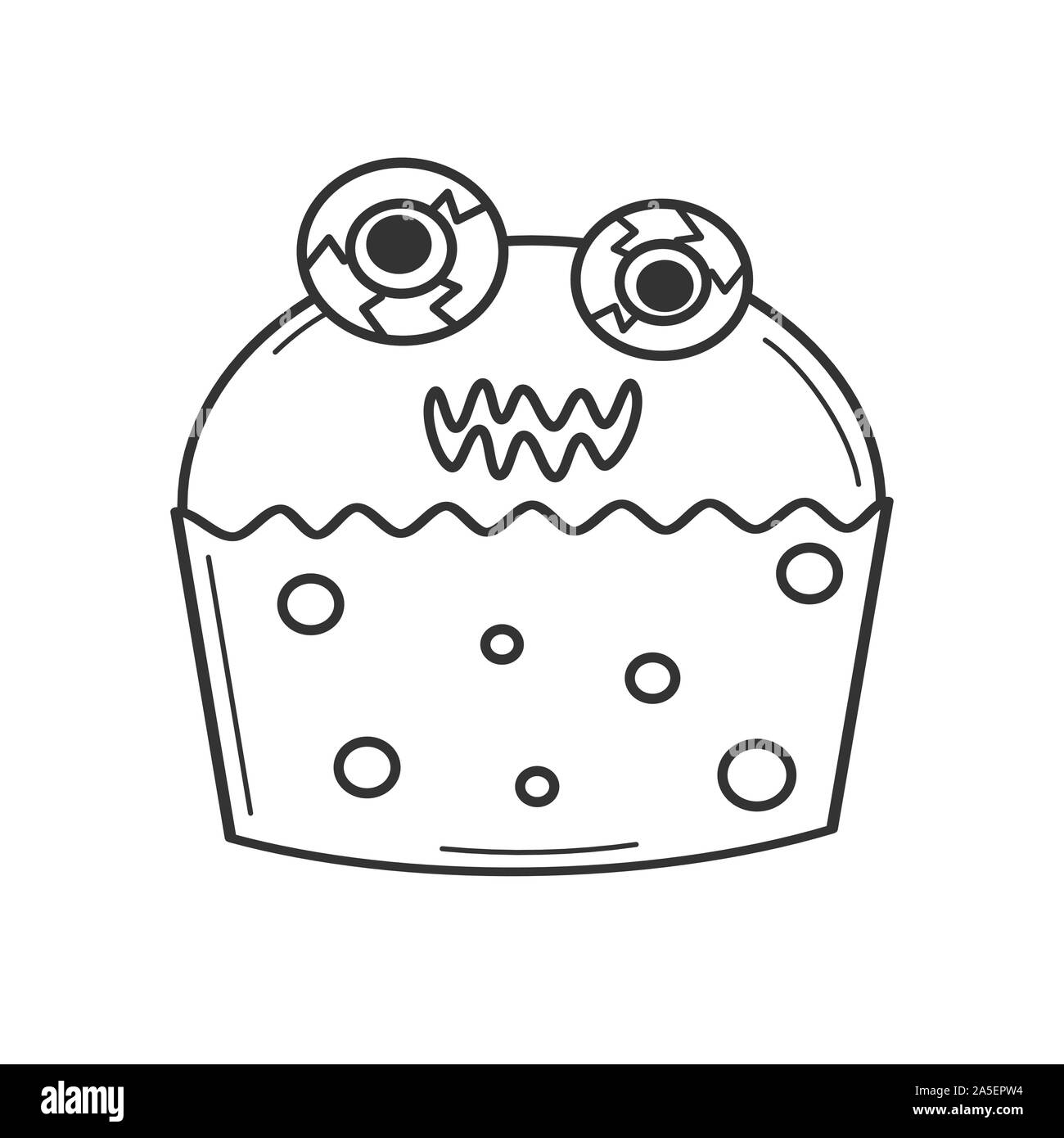 Cute cartoon schwarze und weiße Monster cupcake Lustige Halloween illustration Für die Einfärbung von Kunst Stock Vektor