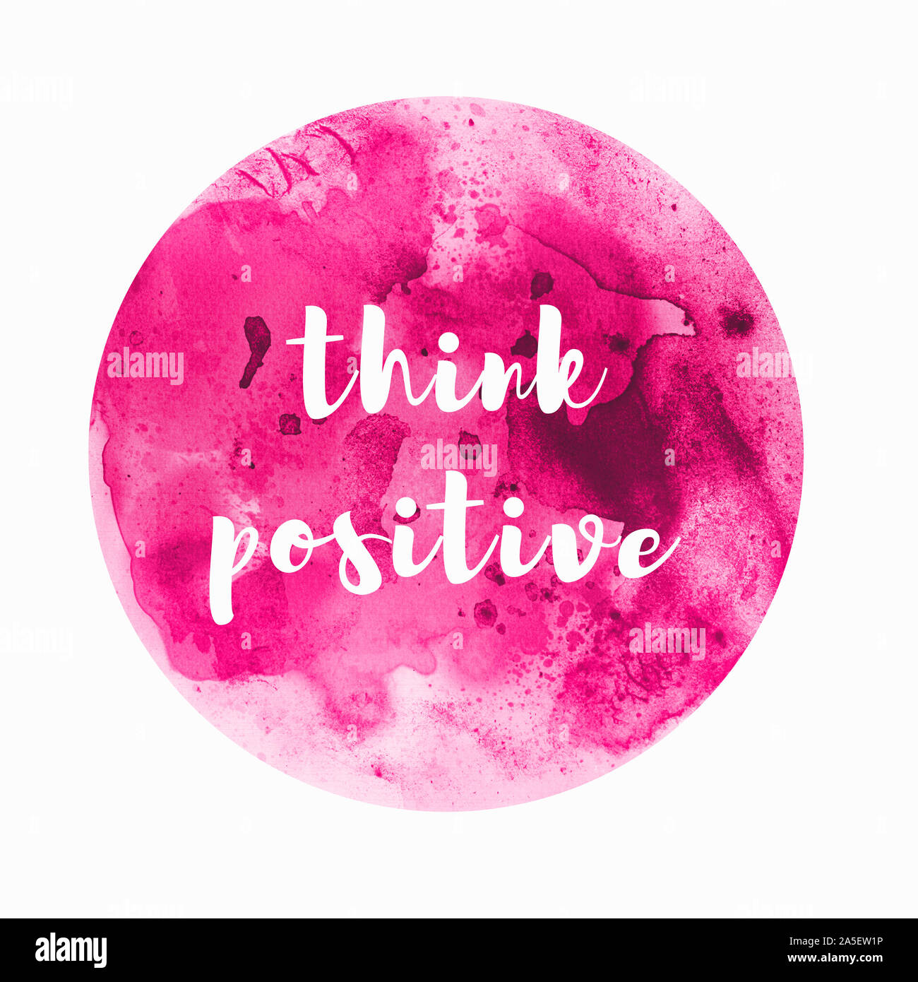 Denke positiv Phrase handschriftliche Schriftzug in rosa Aquarell Kreis Stockfoto