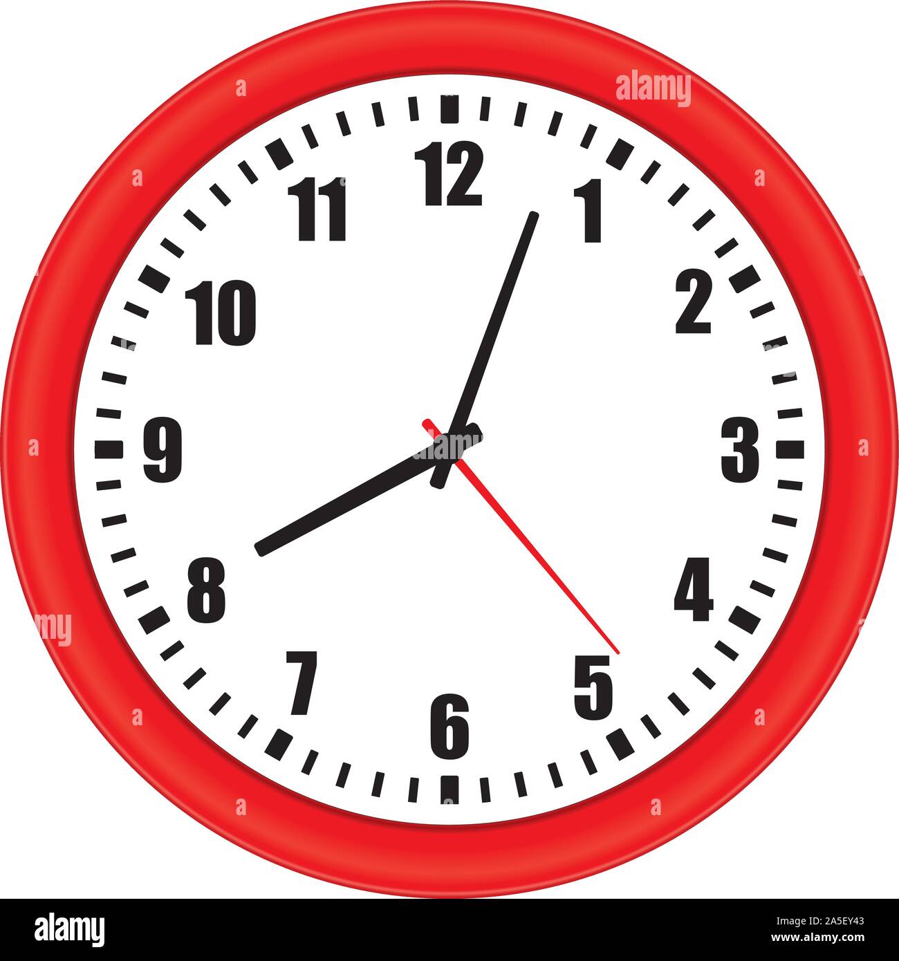 Vector Illustration eines modernen roten Wanduhr mit arabischen Ziffern auf weißem Hintergrund, Low Angle Vorderansicht Stock Vektor