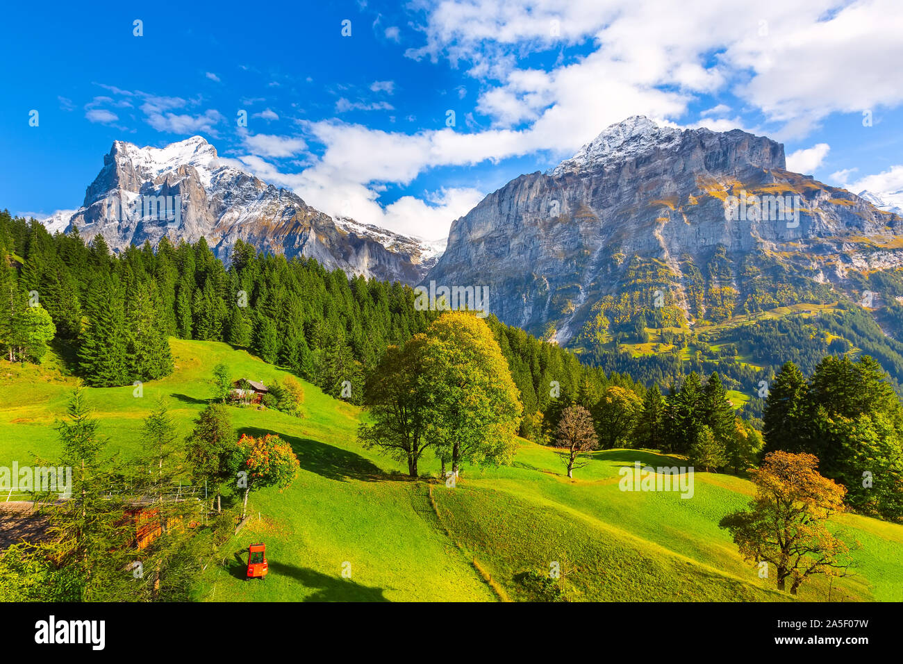 Grindelwald, Schweiz Antenne mit Blick auf das Dorf und Herbst Schweizer Alpen Panorama Landschaft, Holz- Chalets auf grünen Feldern und hohen Gipfeln in zurück Stockfoto