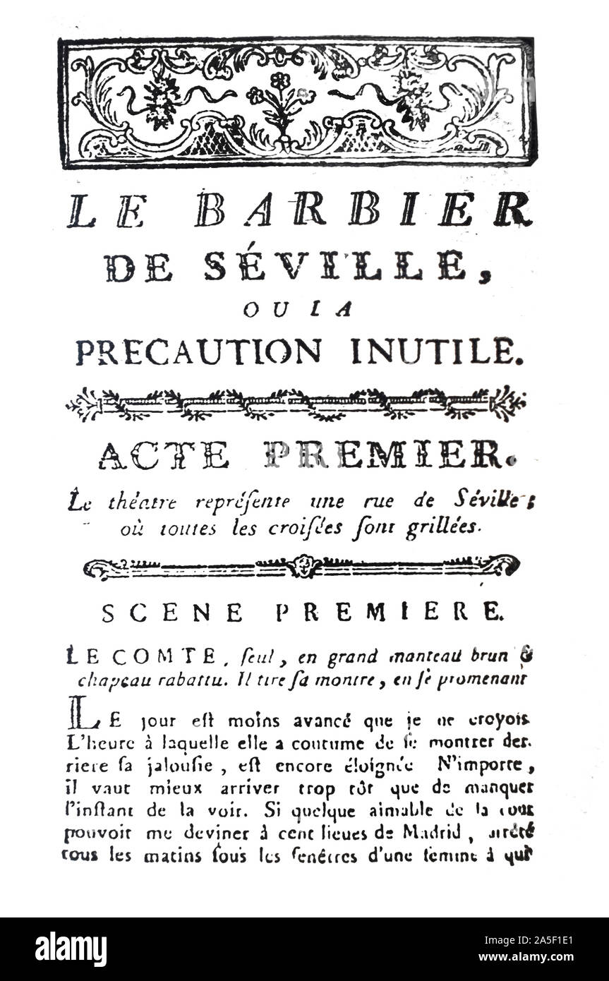Der Barbier von Sevilla oder die nutzlose Vorsicht erste Seite der Libretto. Diese Oper wurde von Pierre Beaumarchais geschrieben, mit Original Musik von Antoine Stockfoto