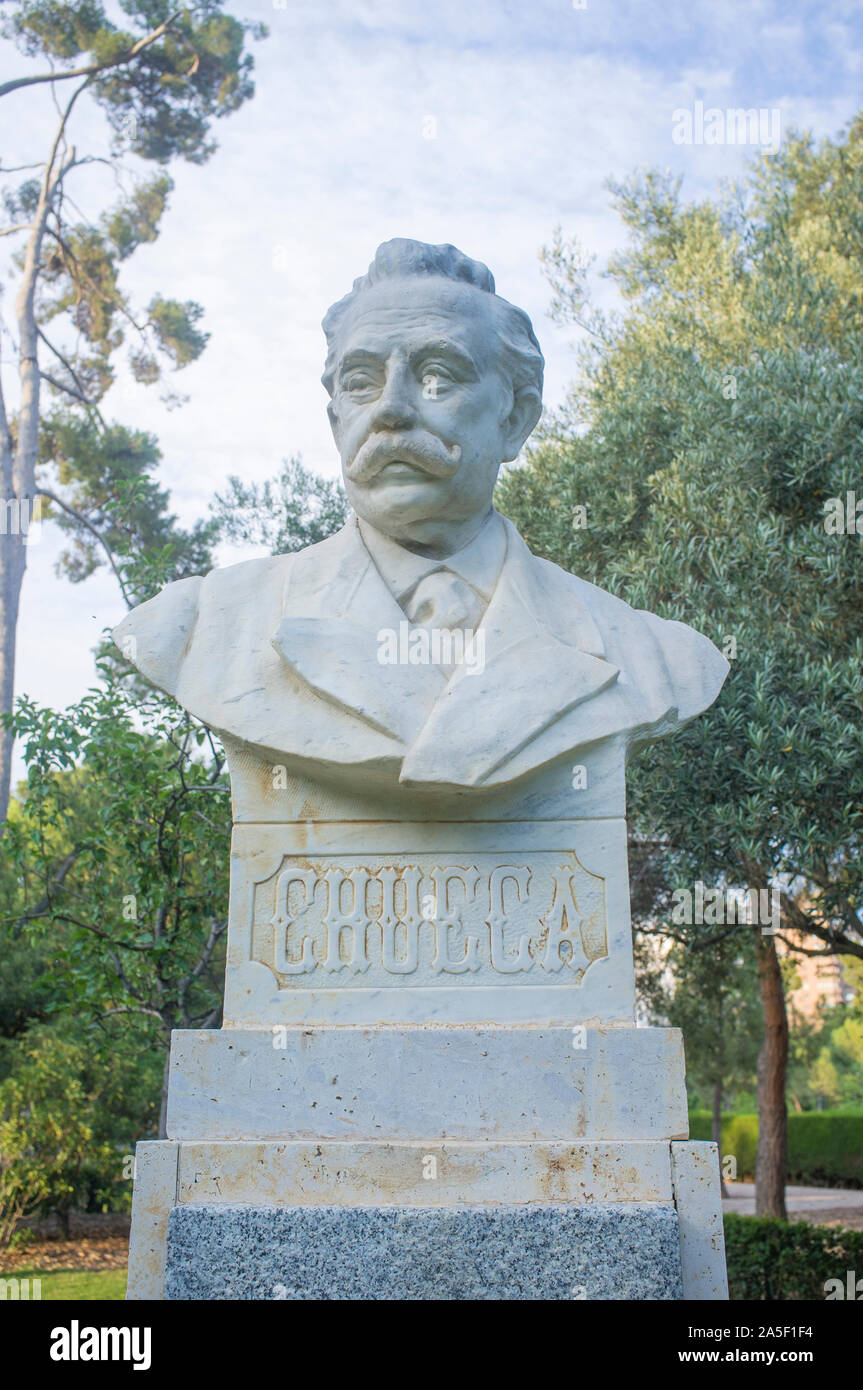 Madrid, Spanien - 13. Juli 2019: Federico Chueca Büste im El Retiro Park. Der spanische Komponist der zarzuelas Stockfoto