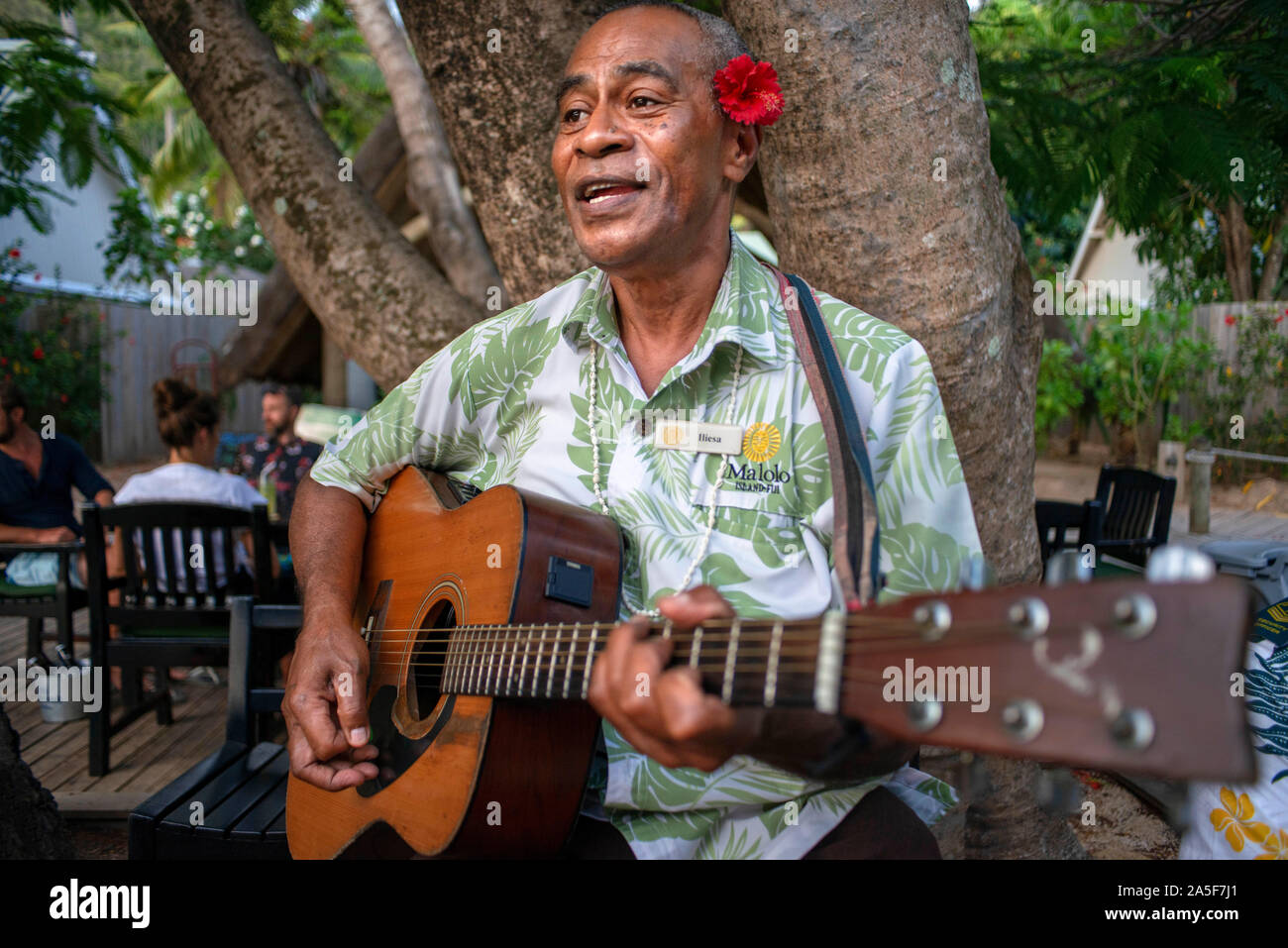 Traditionelle fidschianische Lieder und Musik in Malolo Island Resort und Likuliku Resort, Mamanucas Inselgruppe Fidschi Stockfoto