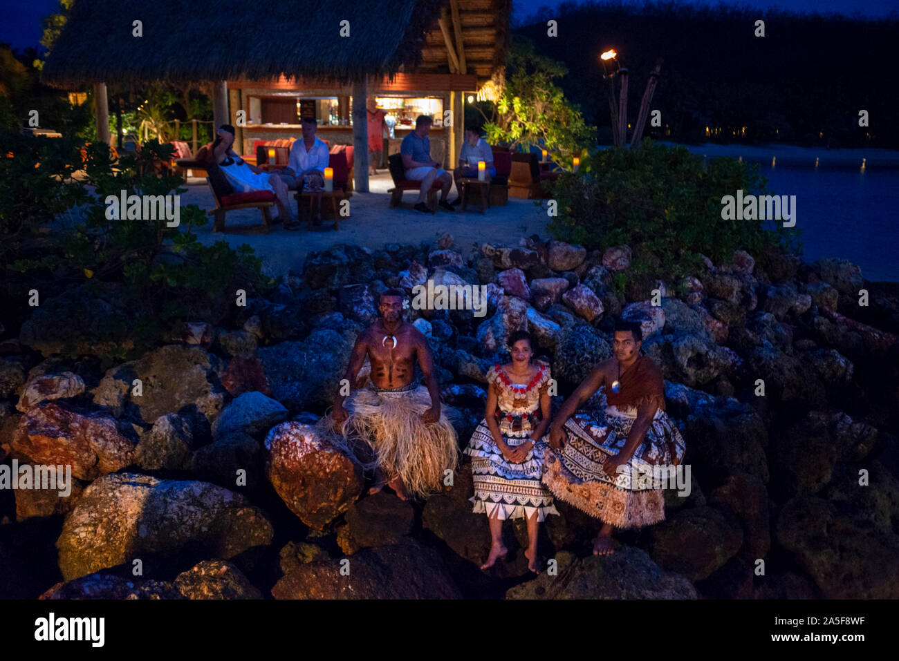 Traditionelle Fidschianische Krieger portrait in Malolo Island Resort und Likuliku Resort, Mamanucas Inselgruppe Fidschi Stockfoto