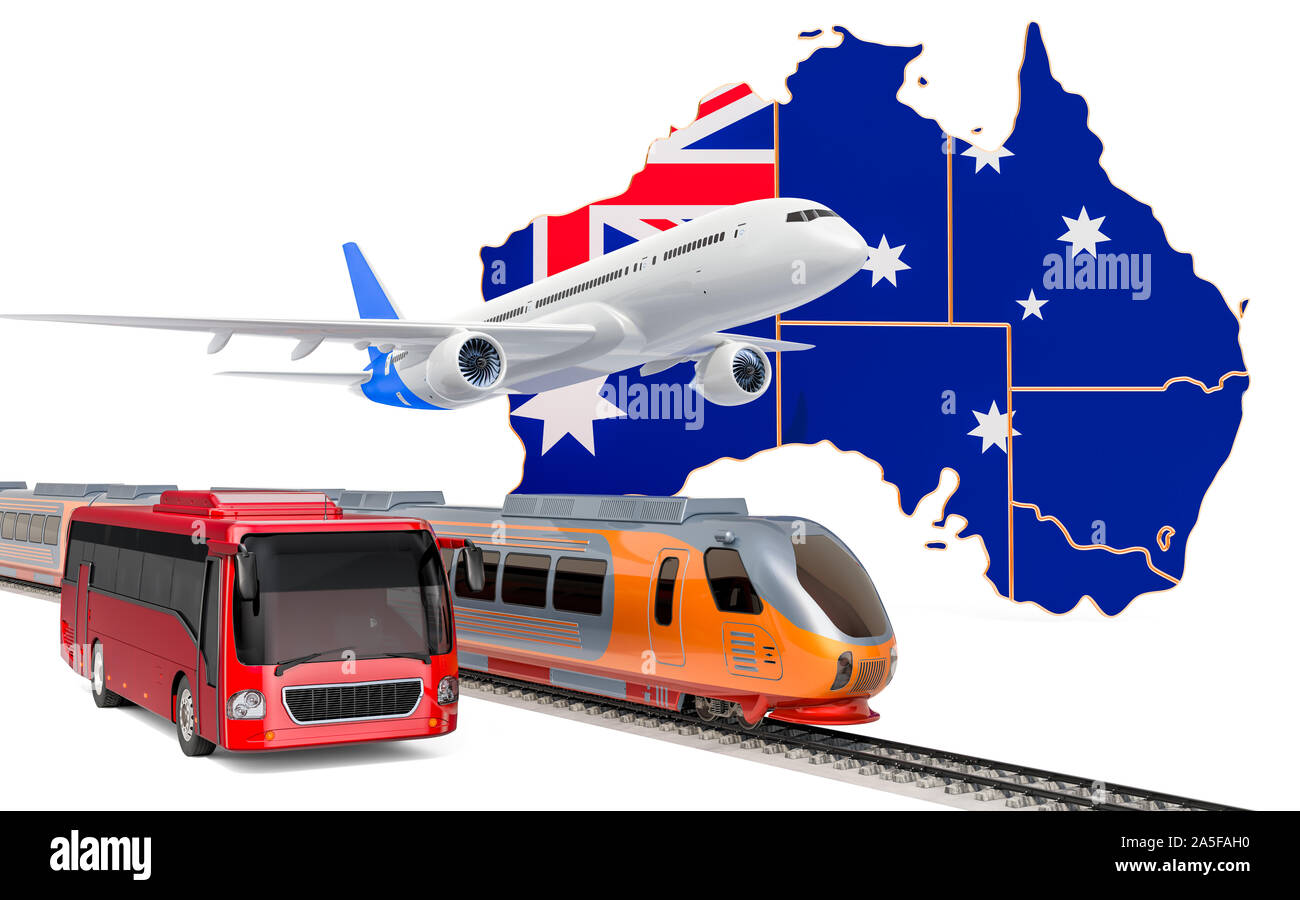 Personenbeförderung in Australien von Bussen, Zügen und Flugzeugen, Konzept. 3D-Rendering auf weißem Hintergrund Stockfoto