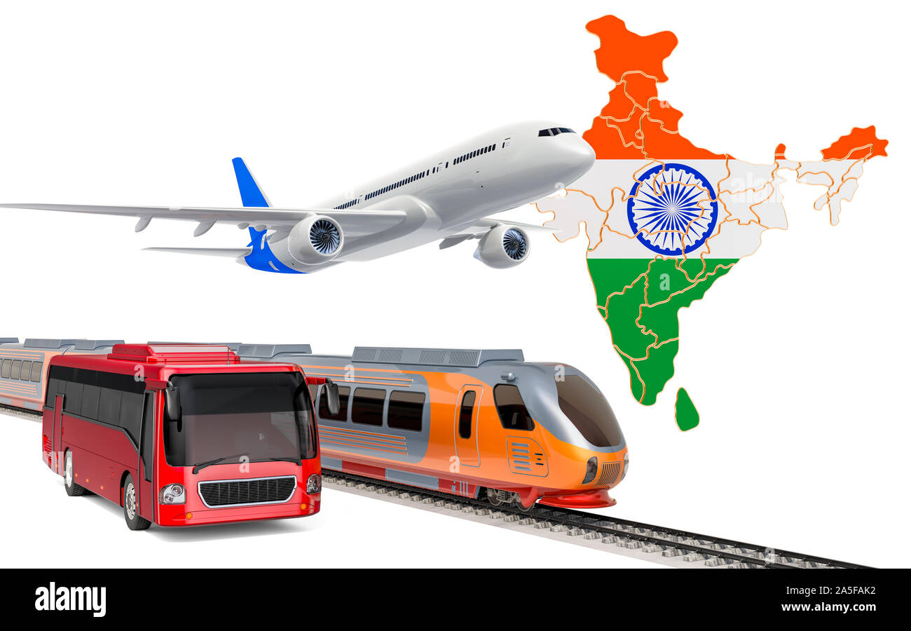 Personenbeförderung in Indien von Bussen, Zügen und Flugzeugen, Konzept. 3D-Rendering auf weißem Hintergrund Stockfoto