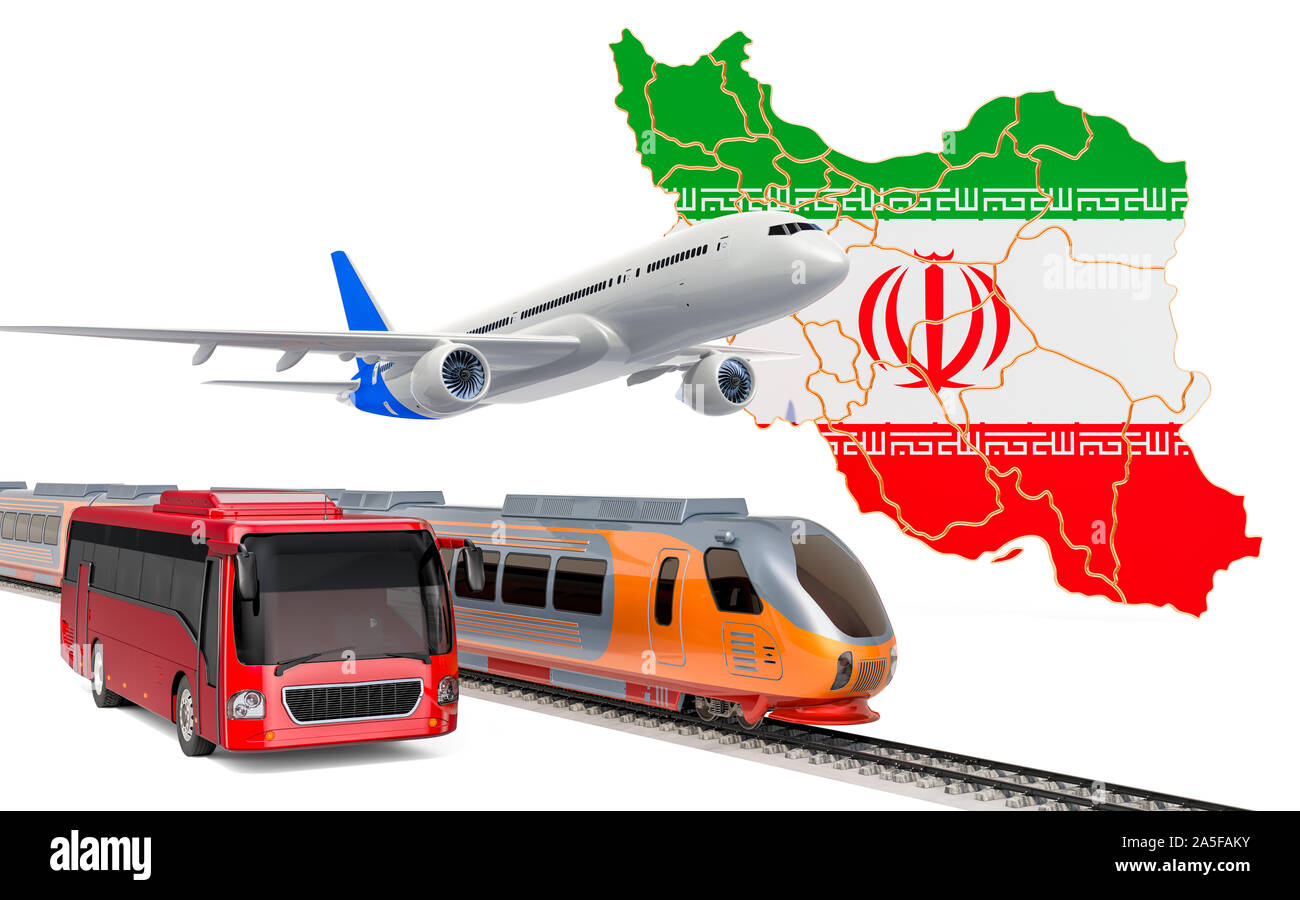 Personenbeförderung im Iran durch Busse, Züge und Flugzeuge, Konzept. 3D-Rendering auf weißem Hintergrund Stockfoto