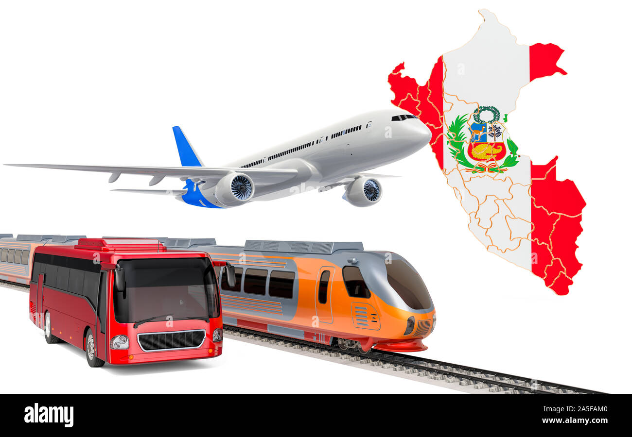 Personenbeförderung in Peru von Bussen, Zügen und Flugzeugen, Konzept. 3D-Rendering auf weißem Hintergrund Stockfoto