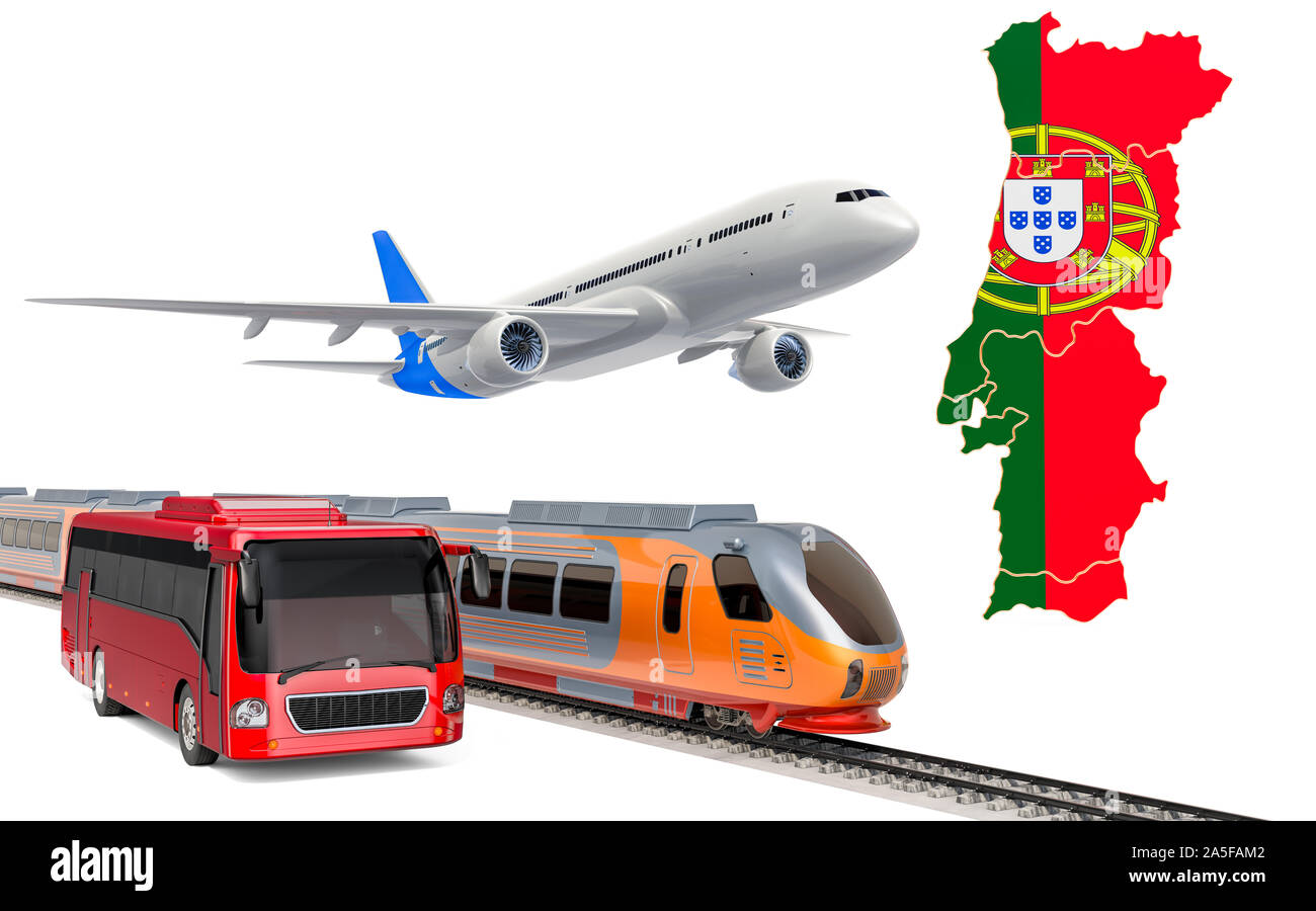 Personenbeförderung in Portugal von Bussen, Zügen und Flugzeugen, Konzept. 3D-Rendering auf weißem Hintergrund Stockfoto