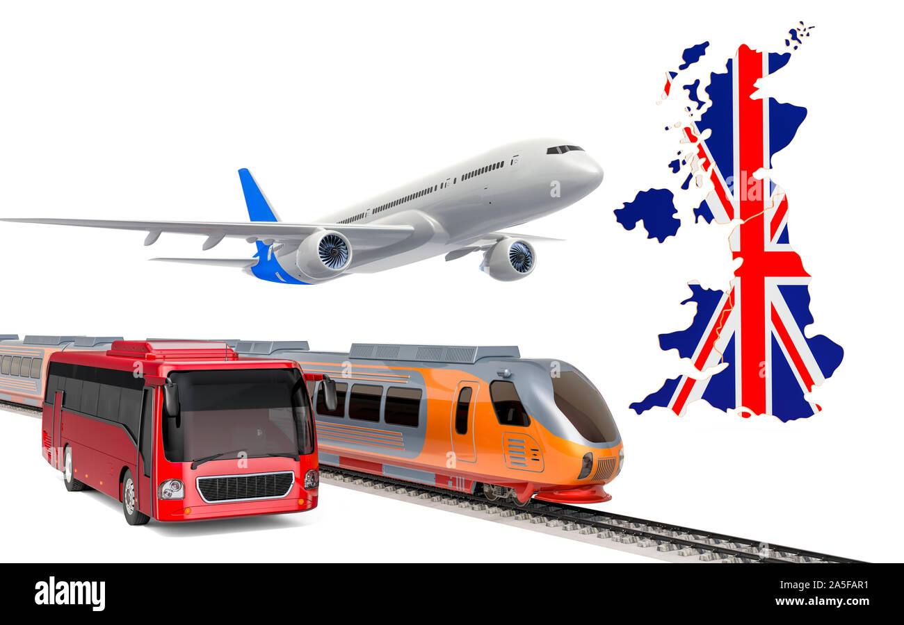 Personenbeförderung im Vereinigten Königreich durch Busse, Züge und Flugzeuge, Konzept. 3D-Rendering auf weißem Hintergrund Stockfoto