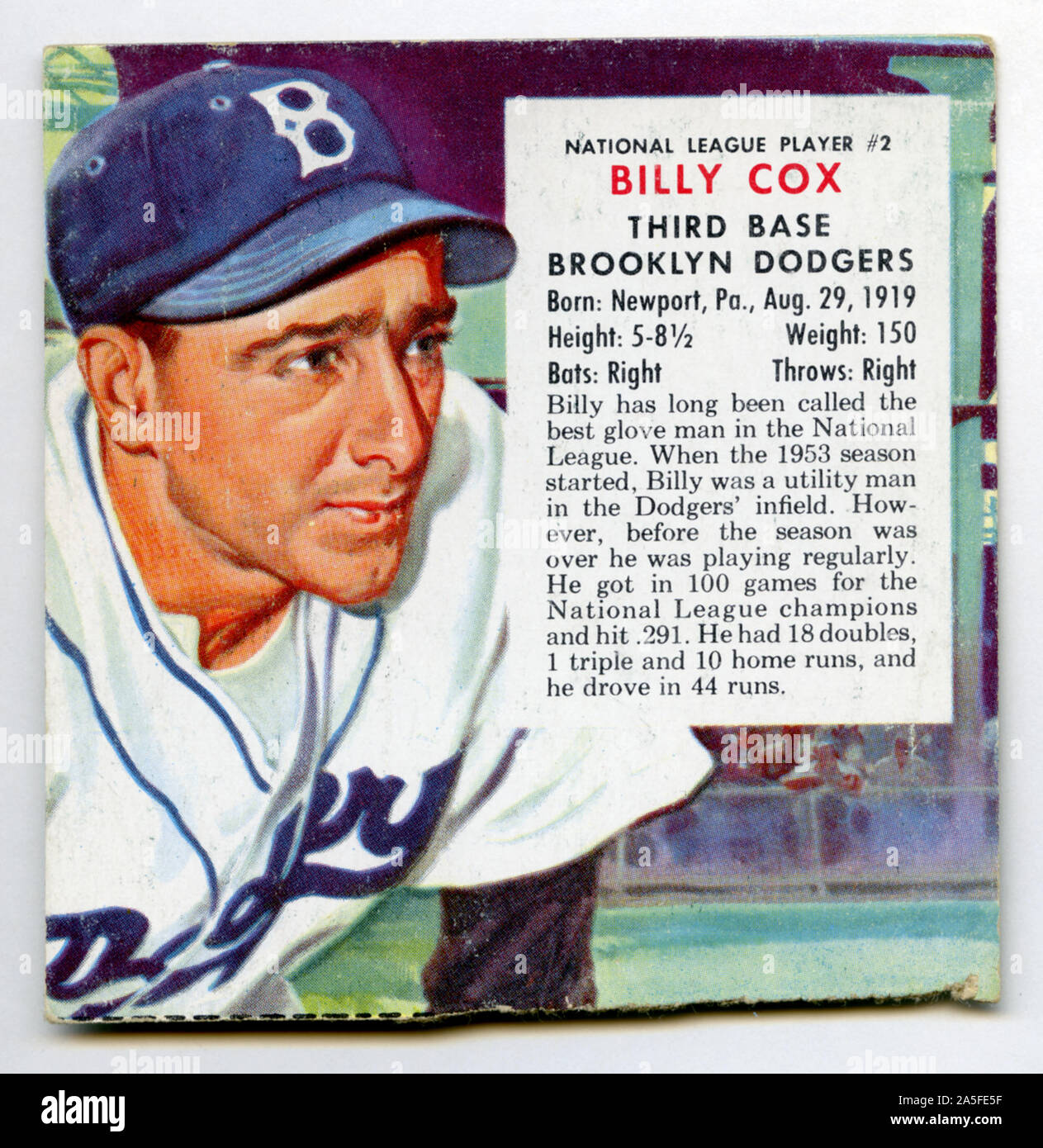 1950s Era Baseball card Darstellung Brooklyn Schwindler star player Billy Cox war ein dritter Basisspieler. Stockfoto