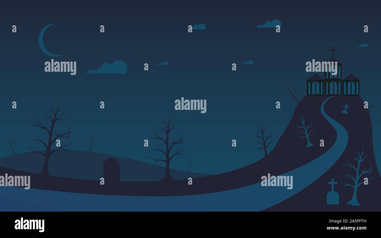 Haunted alte Herrenhaus flachbild Vector Illustration. Beängstigend alten Hill House, dunkle Halloween Nacht, leere Straße gotischen Burg zu gruselig. Gruseliger Film, Krimi, Thriller, Horror themed Hintergrund Stock Vektor