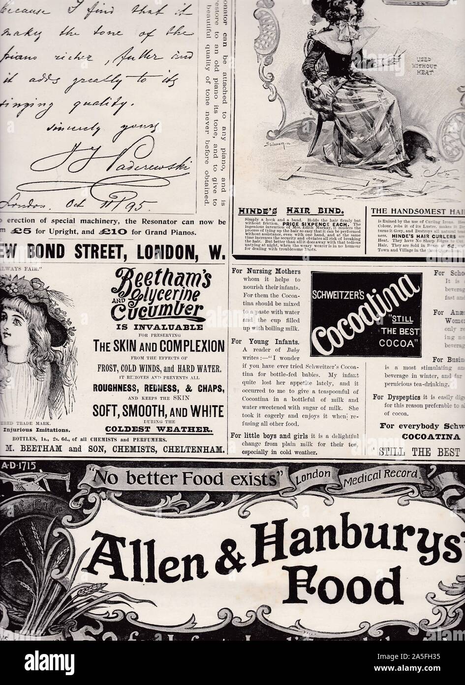 Zeitung anzeigen Seite 1896 - Hinde von Lockenstäbe/Allen & Hanburys Ltd" Essen/Beetham's/Schweitzer Cocoatina - Der Illustrated London News 1896. Stockfoto