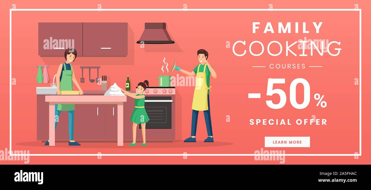 Familie Kochkurse Web Banner Vorlage. Kulinarische pädagogische Kurse für Eltern mit Kindern internet Promo Poster. Besonderes Angebot: 50 Prozent Rabatt Werbung mit flachen Abbildung Stock Vektor