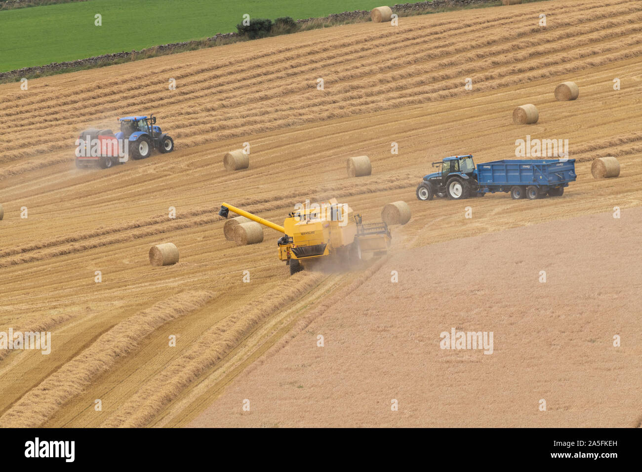 Ein Mähdrescher ernten Traktor bergauf, während ein Ballen Stroh und ein zweiter Traktor, wartet mit einem Anhänger in einem Feld in Aberdeenshire, Schottland Stockfoto