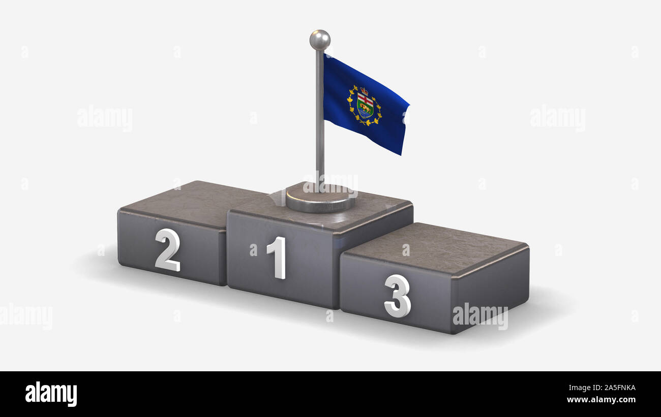 Der Vizegouverneur von Manitoba 3D wehende Flagge Abbildung auf siegertreppchen mit drei Rang platziert. Auf weissem Hintergrund. Stockfoto