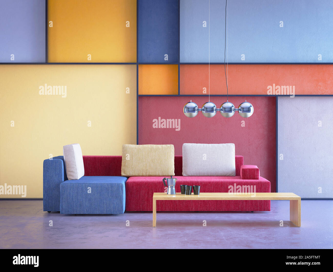 Modernes Interieur der Zimmer im Pop-Art-Stil, 3D-Rendering Stockfoto