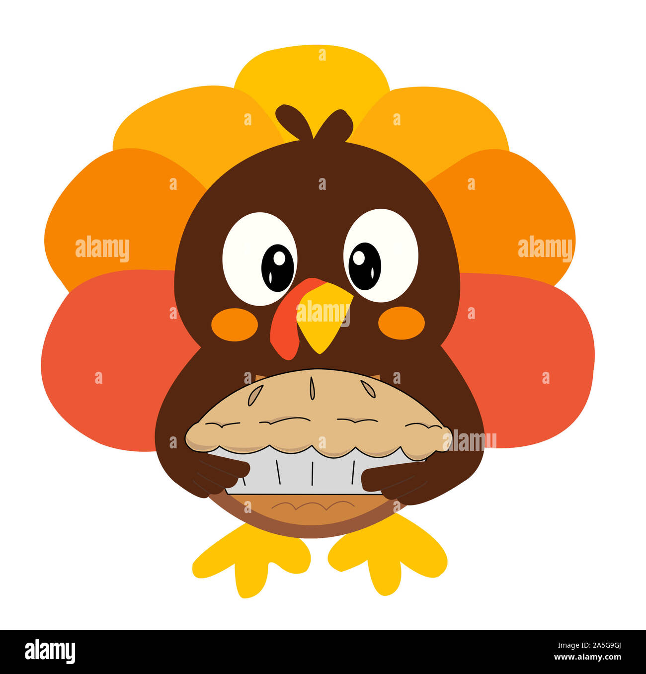 Eine entzückende cartoon Türkei bringt eine Torte zu Thanksgiving Dinner. Stockfoto