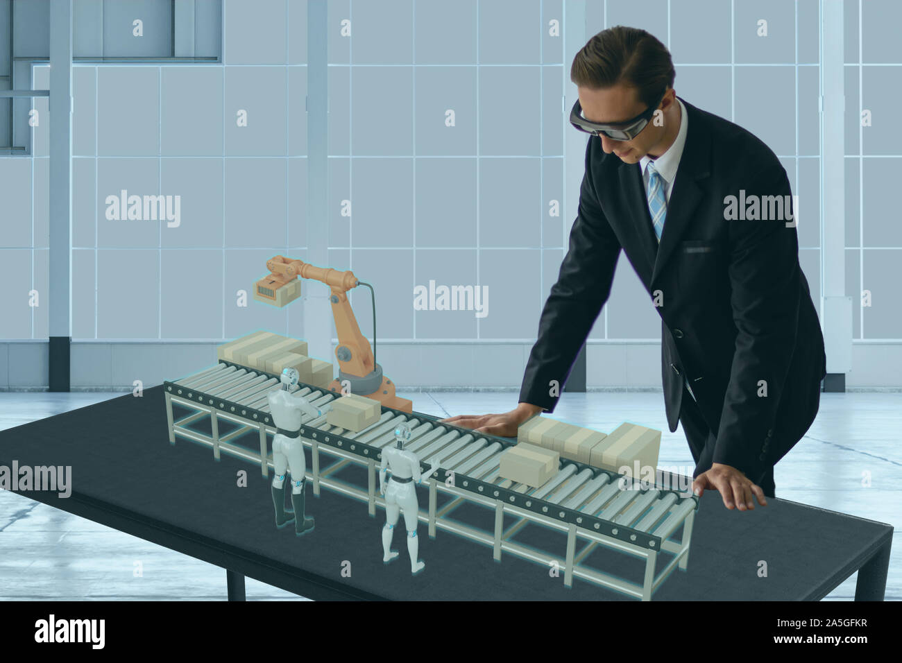 Smart Gläser Gerätekonzept, Ingenieur mit Augmented gemischt virtual reality Technologie im industriellen Prozess zu betrachten, für das Management, die Vorhersagen Stockfoto