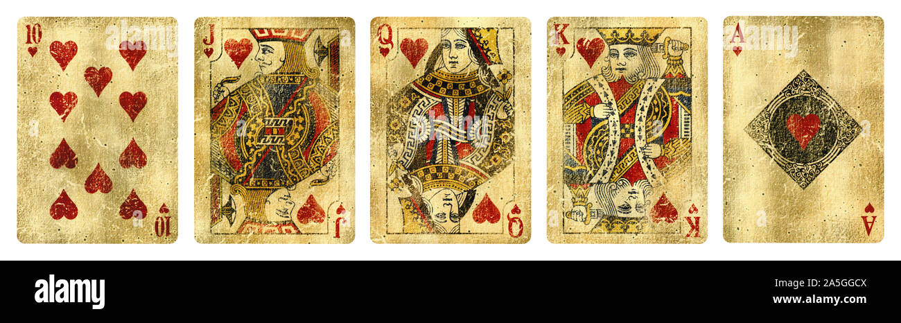 Herzen Suit Spielkarten, gehören die Ass, König, Dame, Bube und Zehn - auf weißen isoliert. Stockfoto