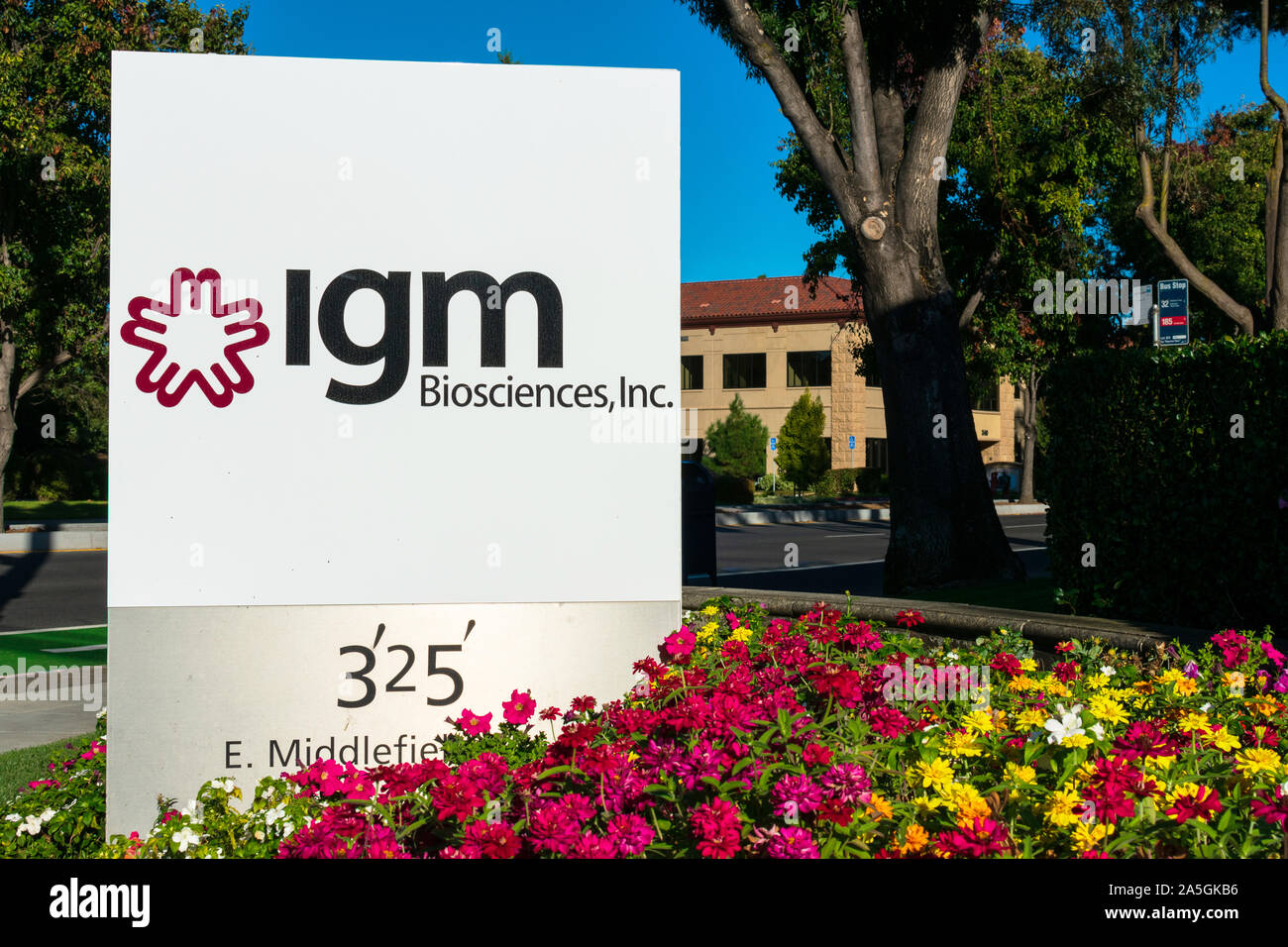 IGM Biosciences Wegweiser in der Nähe der Hauptsitze der privat gehaltenen Biotechnologie Firma im Silicon Valley Stockfoto