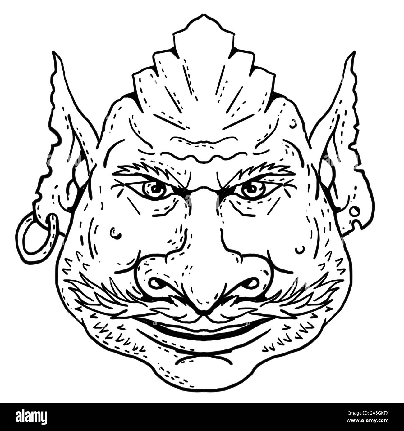 Retro Cartoon Stil Porträt Zeichnung von einem Goblin mit Ohrring, eine monströse Kreatur aus der Europäischen Folklore von vorne gesehen auf isolierten weißen backgro Stockfoto