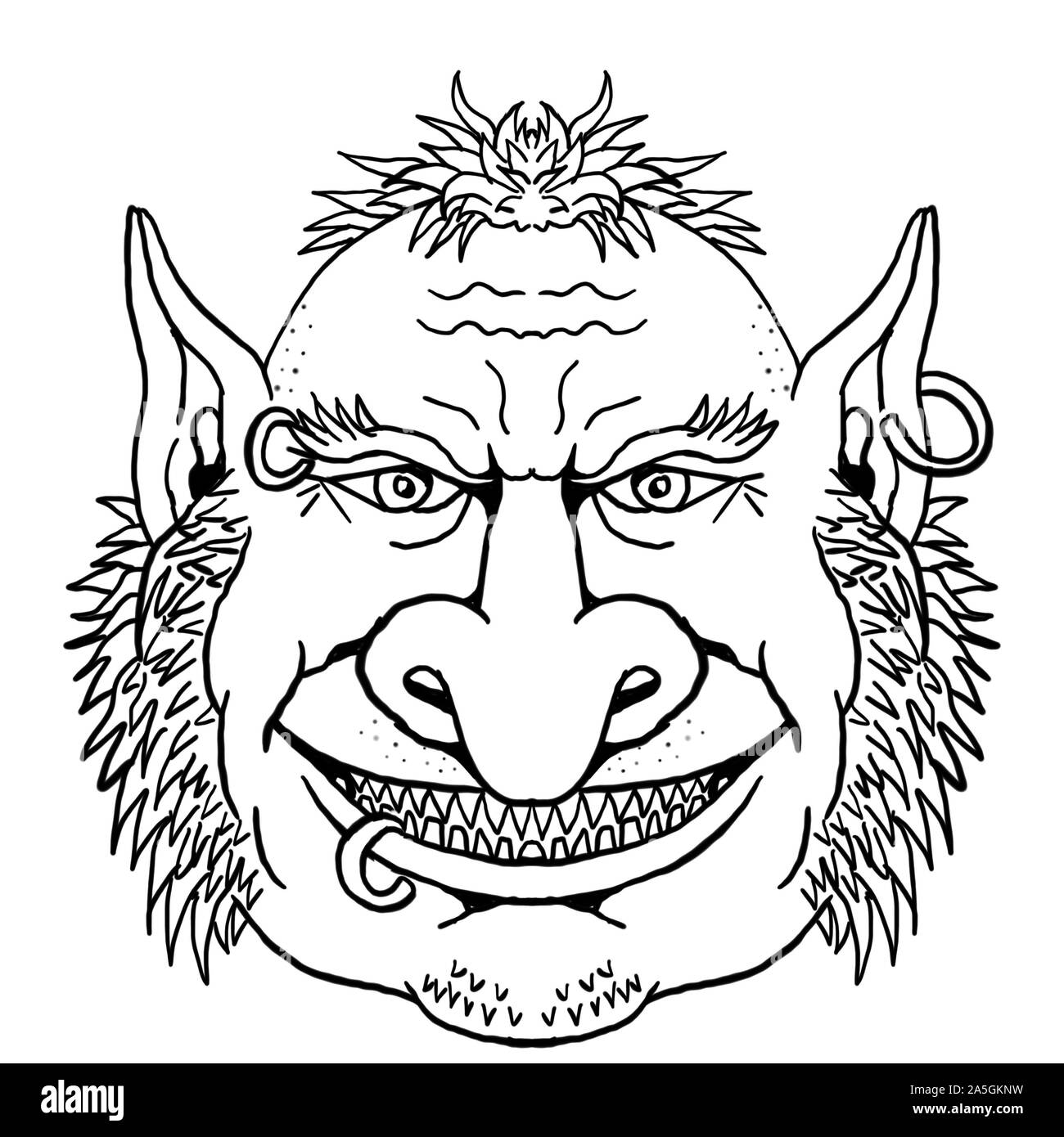 Retro Cartoon Stil Porträt Zeichnung von einem Goblin mit Ohrring, eine monströse Kreatur aus der Europäischen Folklore von vorne gesehen auf isolierten weißen backgro Stockfoto