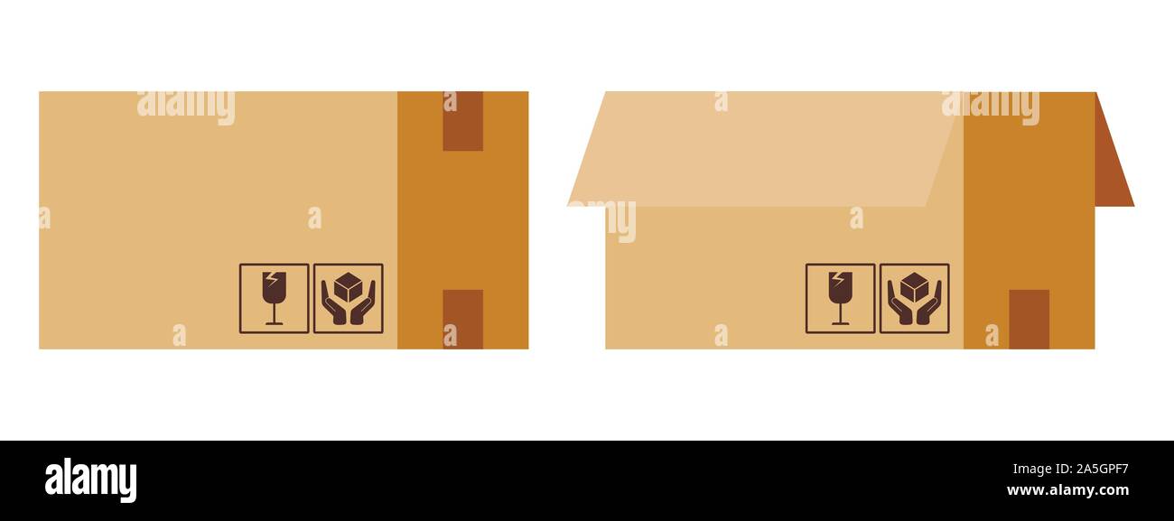 Satz von Pappe offene und geschlossene Boxen mit Klebeband versiegelt mit Verpackung auf weißem Hintergrund singt. Stock Vektor