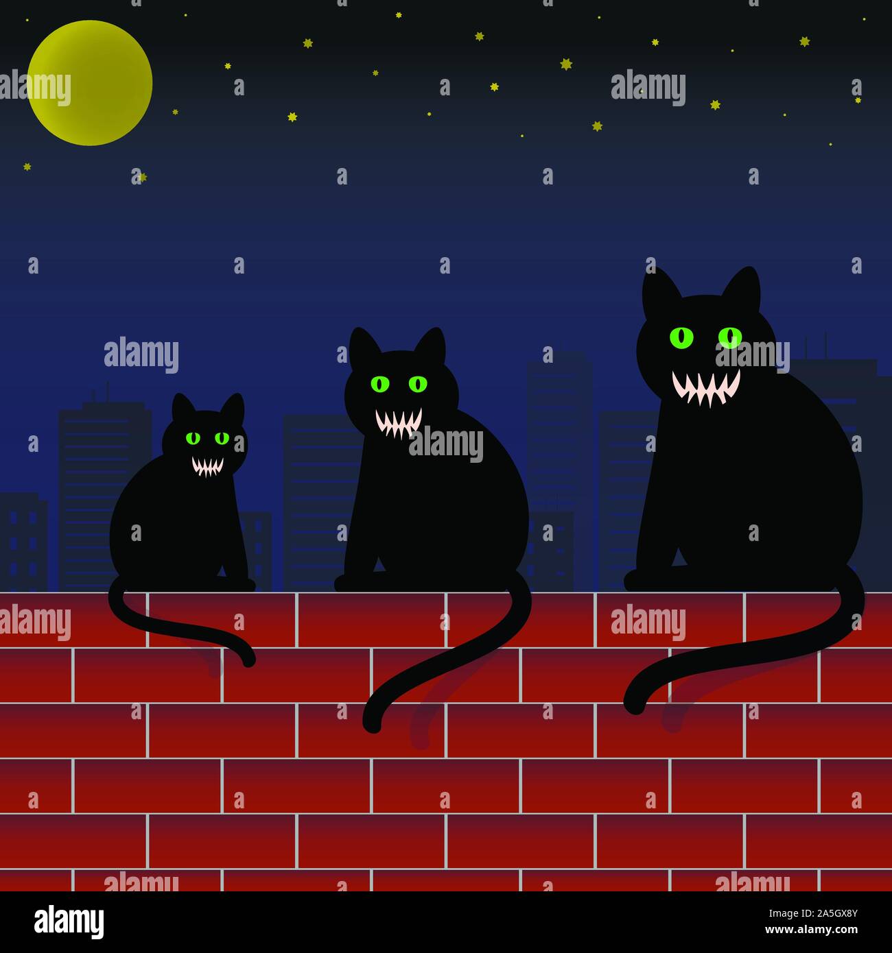 Familie Katzen mit grünen Augen und furchtsame Gesichter sitzen auf der Mauer in der Stadt. Halloween Thema Vector Illustration. Stock Vektor