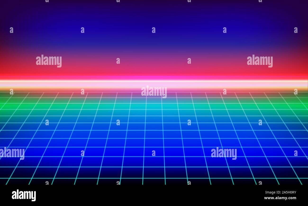 Synthwave oder retro wave Hintergrund. Futuristische Musik Vektor neon Landschaft mit Raster. Video Spiel im 3D-Hintergrund, im Stil der 80er. Stock Vektor