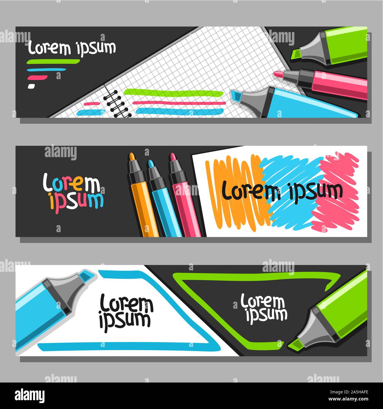 Vektor horizontale Banner mit farbigen Markierungen, 3 Layouts für die Website Header mit leeren kariert Notizbuch, von lebendigen Filzstiften und h Stock Vektor