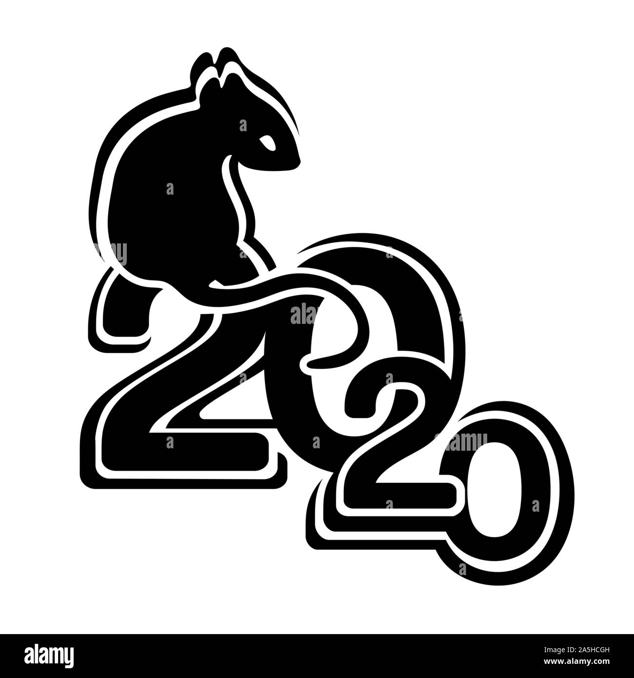 2020 Icon, Frohes Neues Jahr logo, Karte, Symbol für das Jahr gemäß der Östlichen Chinesischen Kalender, monochrome Banner, Vector Illustration. Schwarze Ratte Stock Vektor